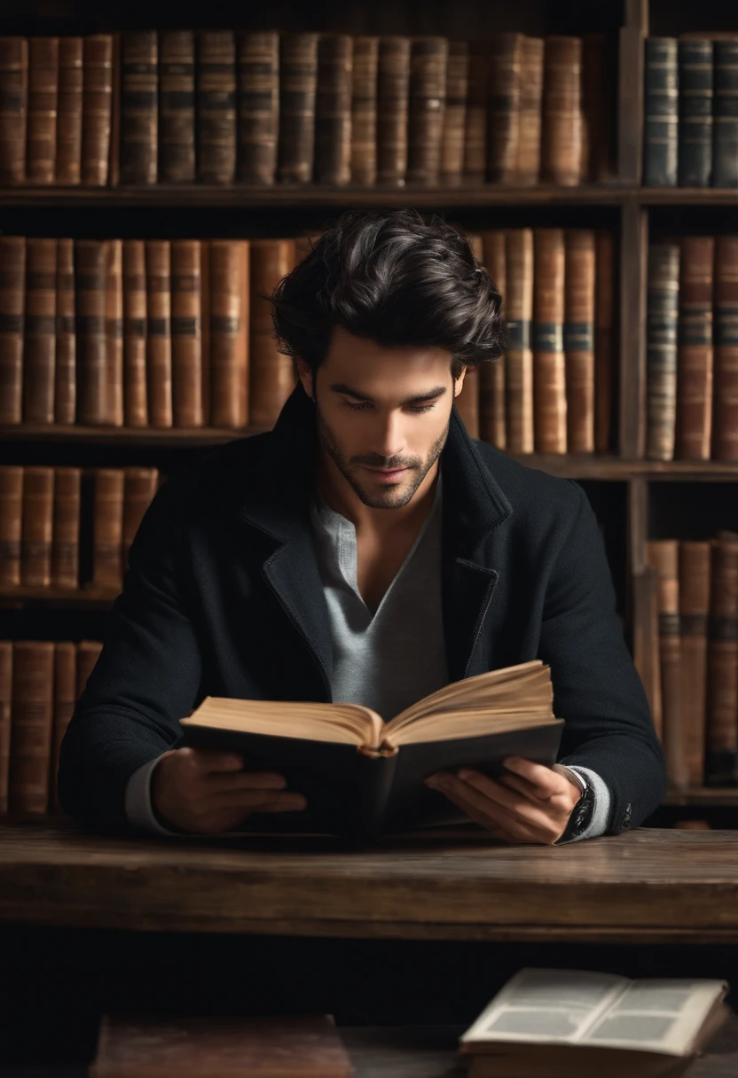 Man looking at poster,Smiled curiously, Jet-black messy hair, Keep your head down while reading, wearing fall clothing, in library, Live-action style, Realistic photo style, studio photo, Intricate details,