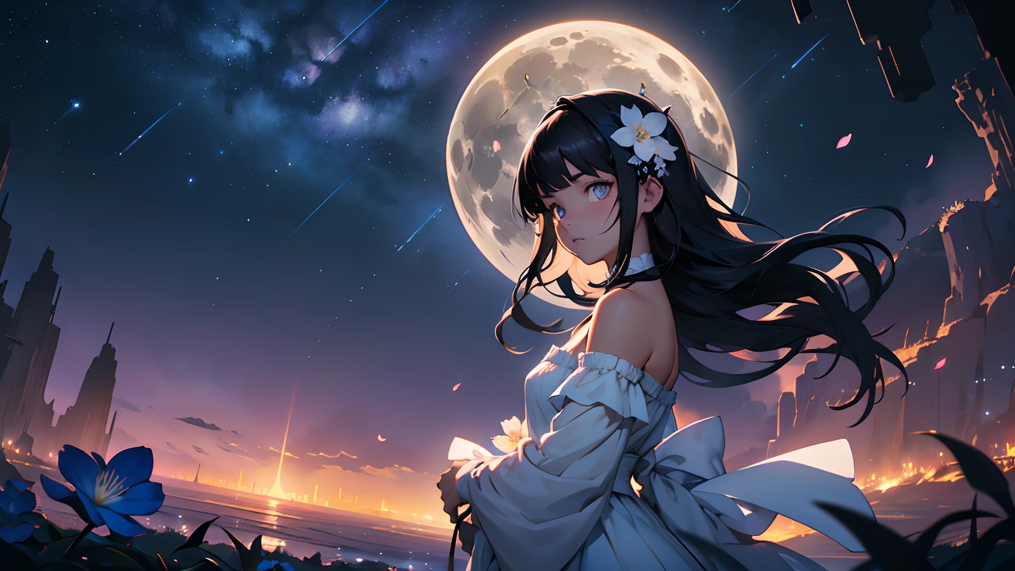 masterpiece, best quality，8K, Ultra-high resolution，On warm summer nights，A bright moon hangs above the deep blue starry sky，Girl standing in the middle of the lake，Her long hair seems to be swaying in the wind，The breeze caresses her cheeks，Bring a chill。She raised her head gently, looking at the moon in the distance, It seems as if the past has been forgotten, The lake quietly reflects the sky。calm around, Only a few campfire bugs are flying around, The girl is confused and curious, Enjoy this peaceful night。