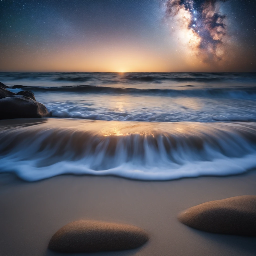 Master Parts、Superior Quality、superior image quality、The 8k quality、Beautiful pictures of the starry sky、magnifica、Arched Milky Way:1.9、Blue Sea:1.9, White sandy beach