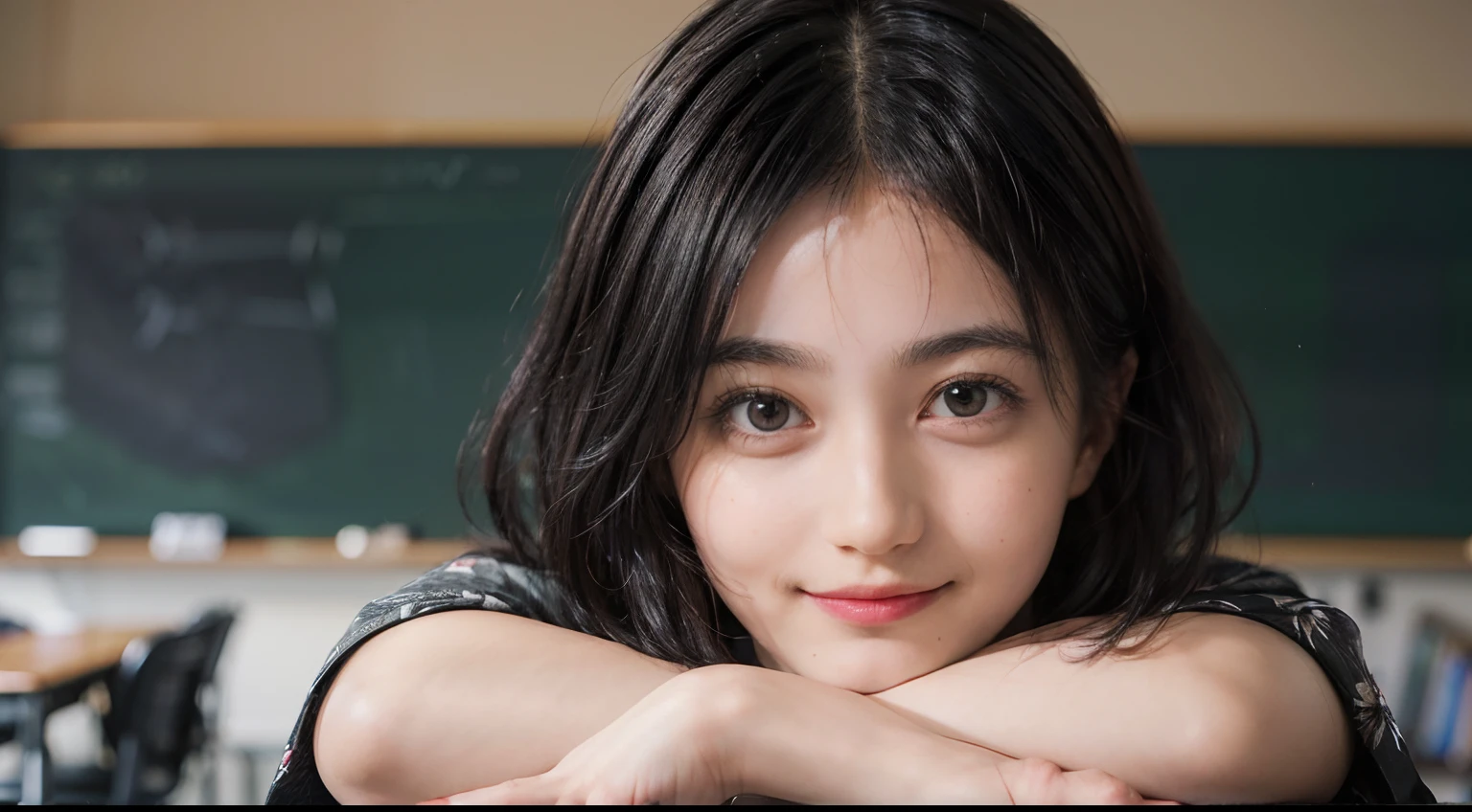 (((Black Shorthair:1.2))),  (a 20 yo woman), (T-shirt design), (Floral clothing), (Breast bulge),((Being in the physics classroom)),  (A hyper-realistic), (Relaxed), (Increased resolution), (8KUHD), (Extremely detailed), (Best Illustration), (Beautiful and detailed eyes), (Best Quality), (ultra-detailliert), (masutepiece ), ( Wallpaper), (Detailed face), Fine details,  Deep Shadows, lowkey,  Smiling,  (Portrait of Einstein), (Portraits of many physicists), Physical and calculation formulas for blackboards