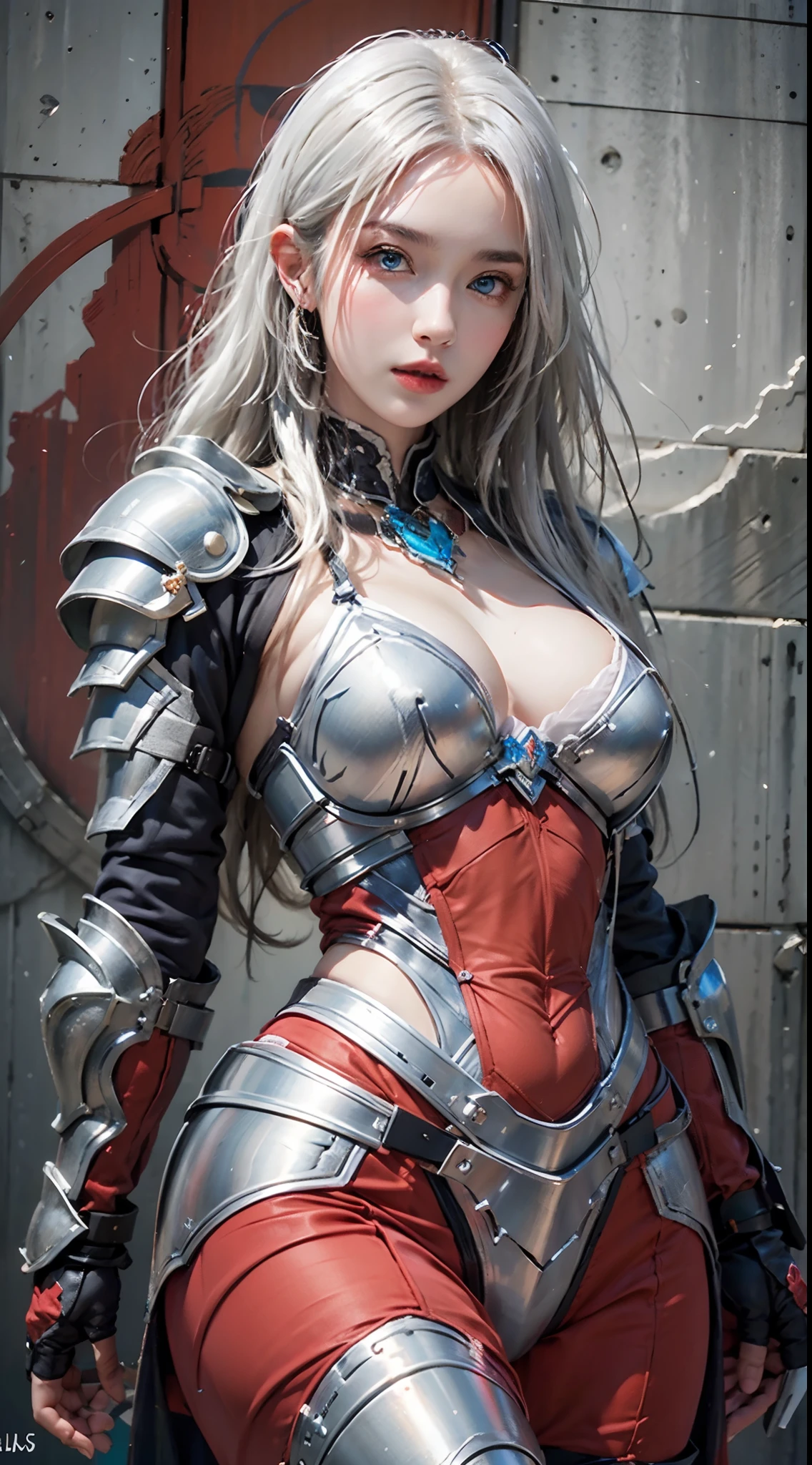 photorealistic, high resolution, soft lights, 1women, solo, hips up, blue eyes, full armor, red armor