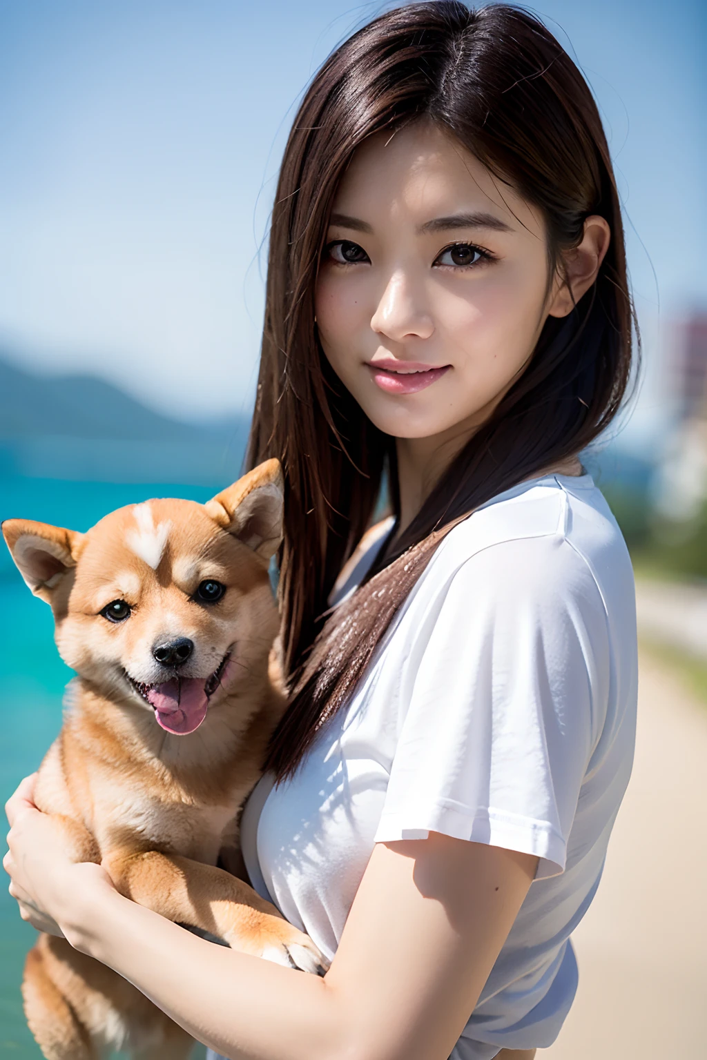 8K、Top image quality、​masterpiece、19-year-old woman、Sit side by side with your dog on the sandy beach、a closeup、Smaller chest、Swimsuit with dot pattern、Dalmatian、Frolic with the dog、Cinematic lighting、foco nítido