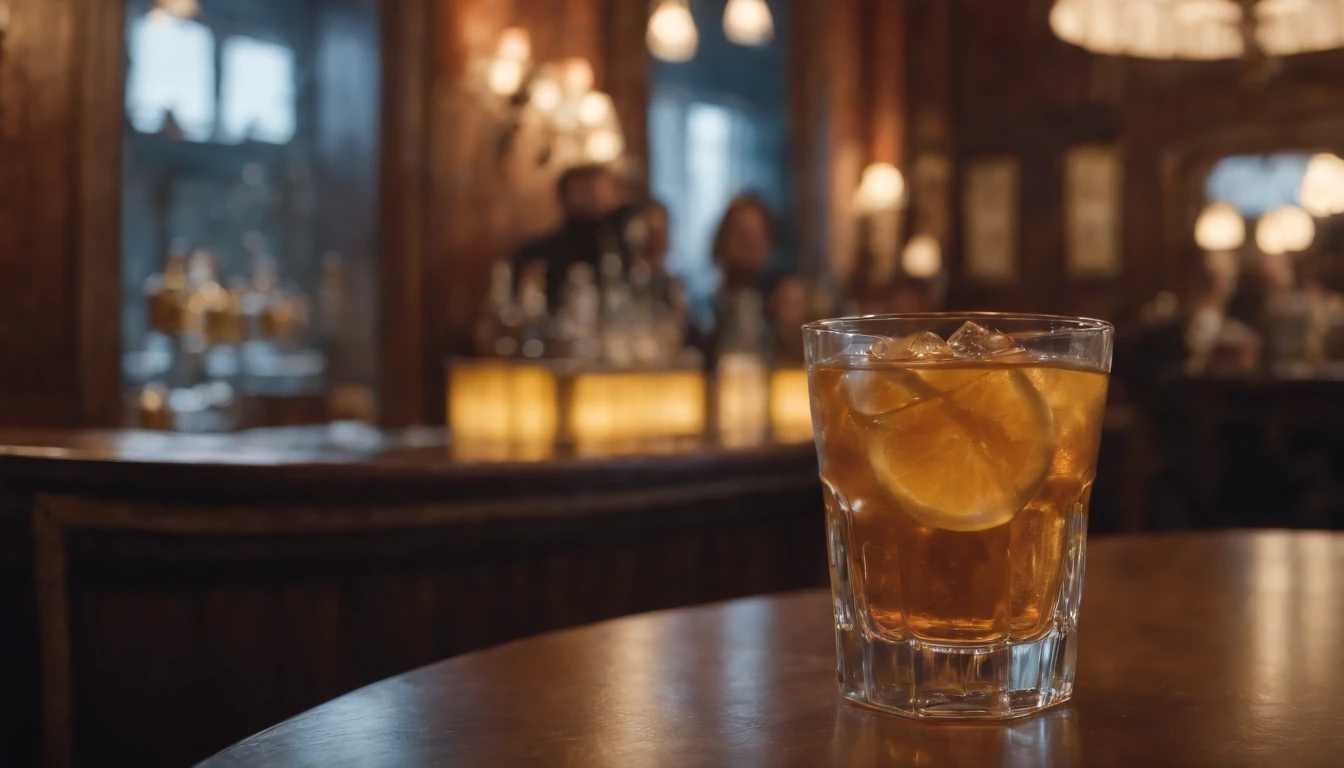 a drink at a table in classic vintage restaurant very elegant jazz style 8k cinematic neon lights in the background