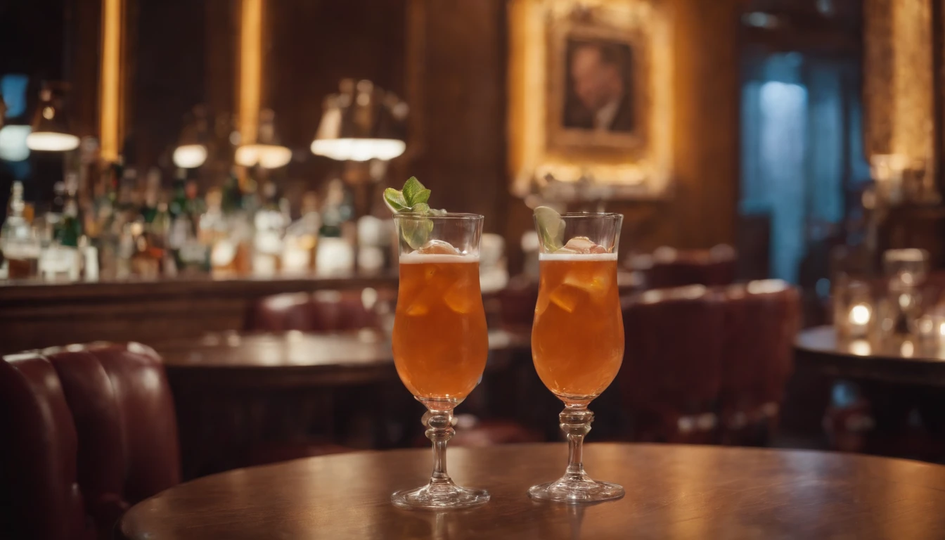 a drink at a table in classic vintage restaurant very elegant jazz style 8k cinematic neon lights in the background
