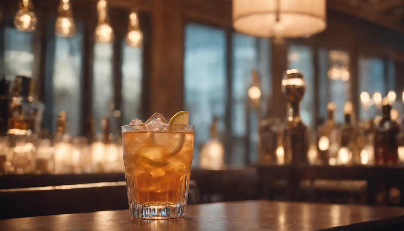 a drink at a table in classic vintage restaurant very elegant jazz style 8k cinematic neon lights in the background