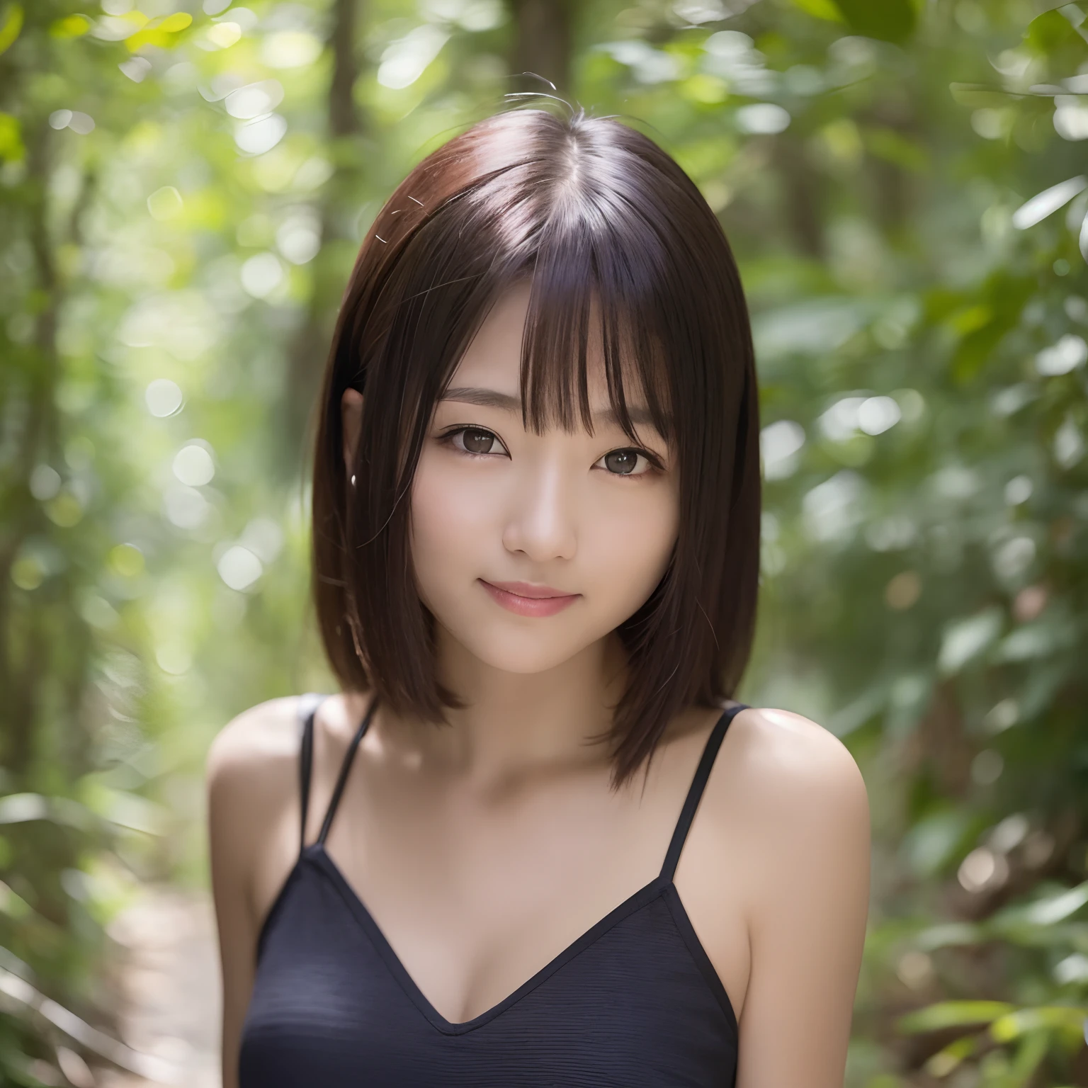 ((Best Quality, 8K)), In the Woods, Cinema Lighting, 1girl, 18 years old, Idol, Japan, Small, Black Hair, Short Hair, No Makeup, Realistic Skin, Open Mouth, Detailed Eyes, See-Through Underwear, Background Blur