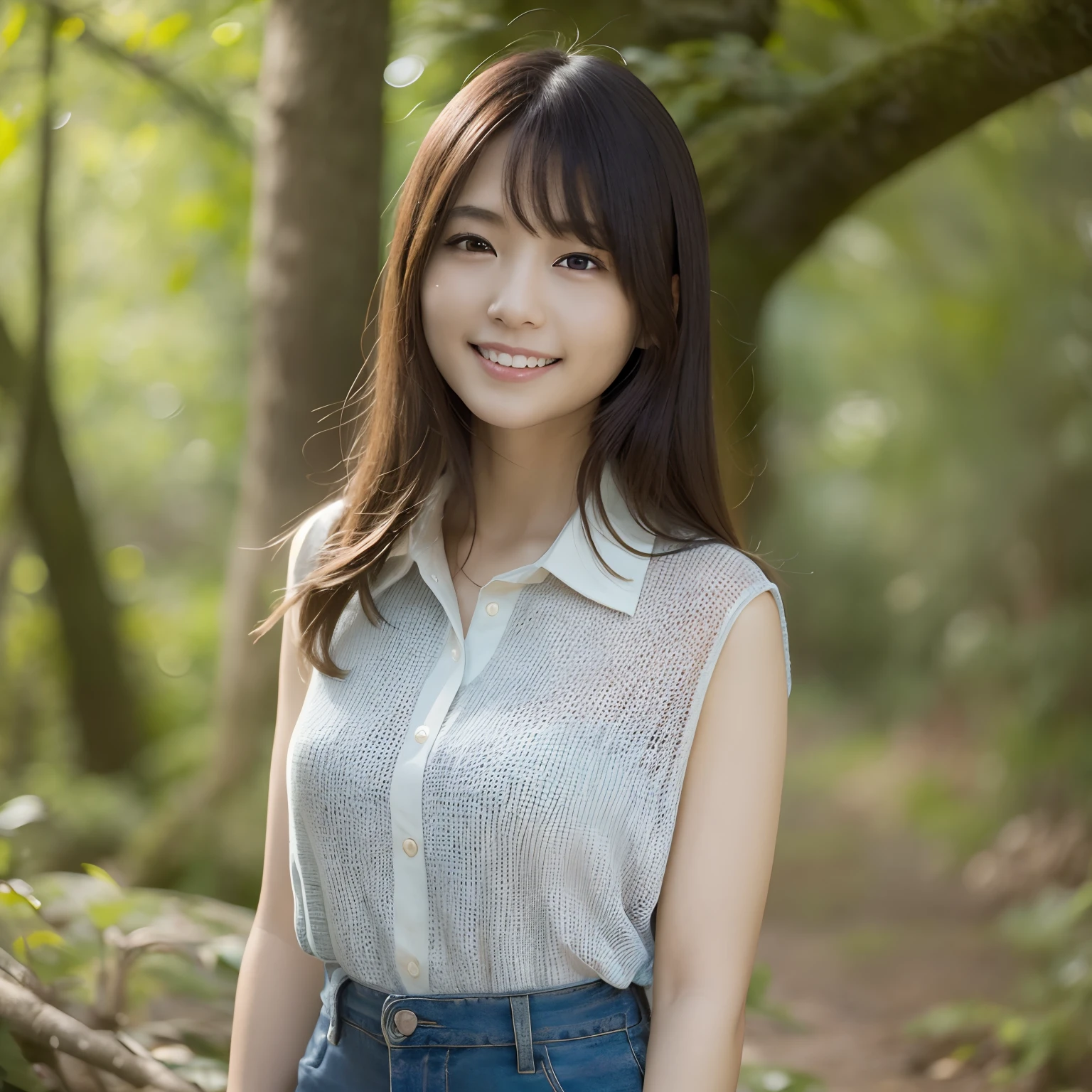 Women in Japan、Wear a thin shirt，In the forest，bare-legged，posing in the。 Happy smile、One lady、

((top-quality、8k、​masterpiece:1.3))、foco nítido:1.2、Highly detailed facial and skin texture、  A detailed eye、二重まぶた、
