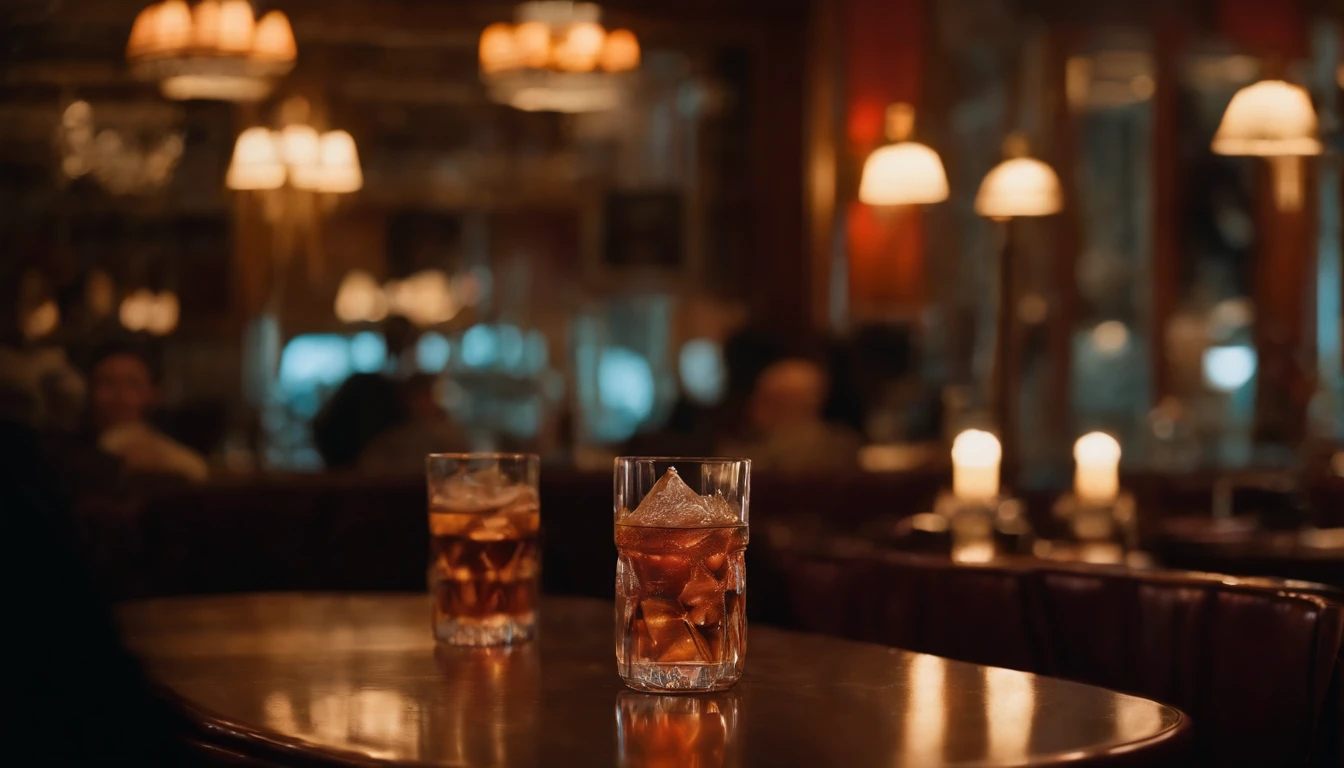 a drink at a table in classic vintage restaurant very elegant jazz style 8k cinematic neon lights in the background