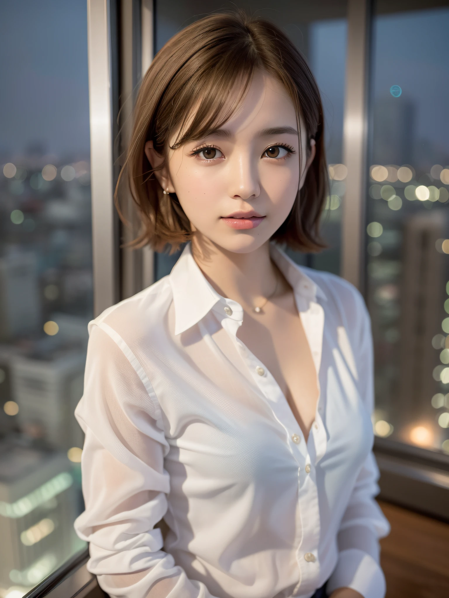 ((of the highest quality, 8K, masutepiece: 1.3, Raw photo)), Sharp Focus: 1.2, (1 AESPA Girl :1.1), Solo, (Realistic, Photorealistic: 1.37), (Face Focus: 1.1), Cute face, hyperdetailed face, (short messy hair: 1.2), Small Smile, Small breasts, flat chest, full nude, standing, (taking off her chiffon button down shirt: 1.2), Thigh, looking away, bustling cityscape, towering skyscrapers, starry sky