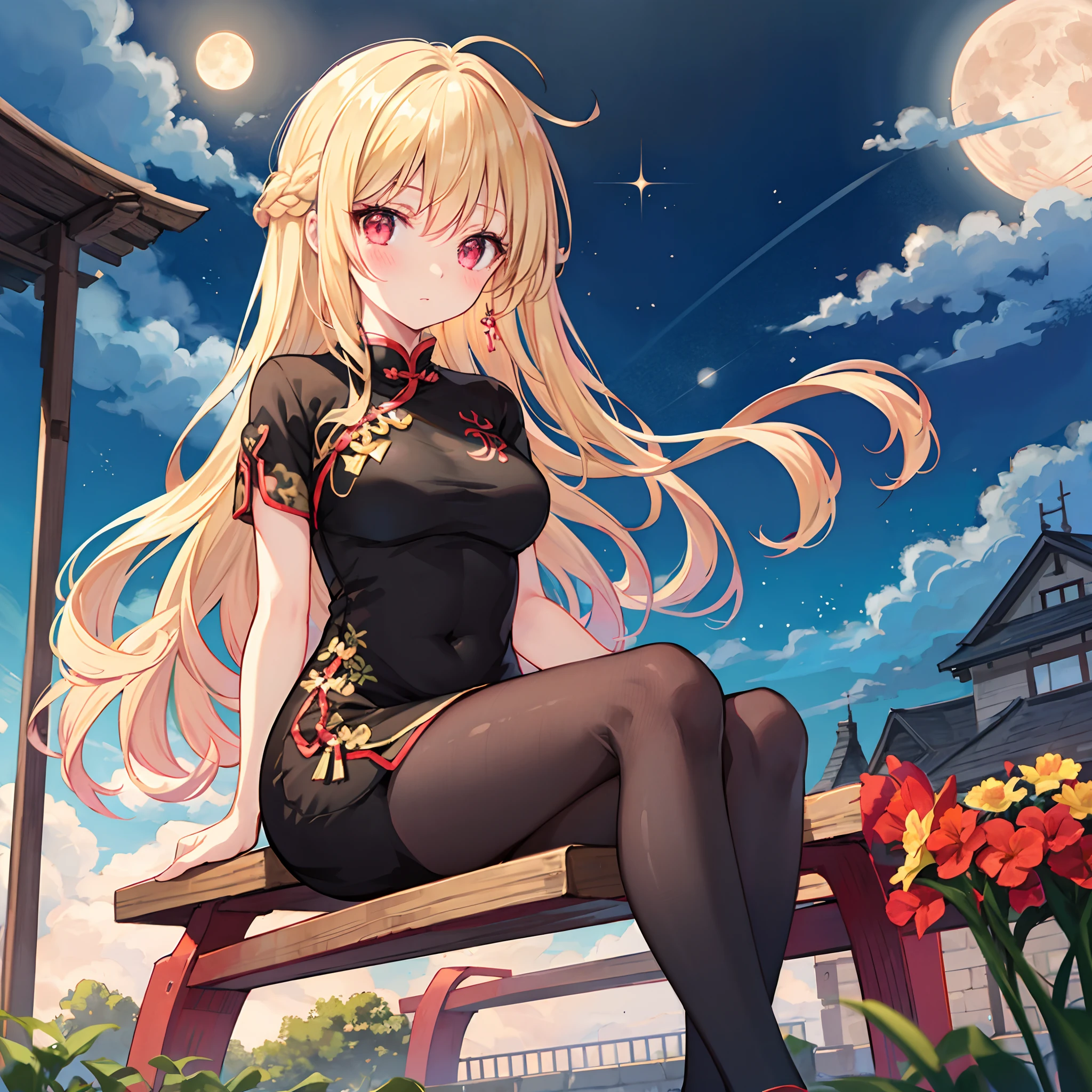 Wavy blonde hair、red eyes、sparkly eyes、Beautiful girl alone、qipao dress、Beautiful Moon、natta、red blush、sitting on、Benches、Black tights