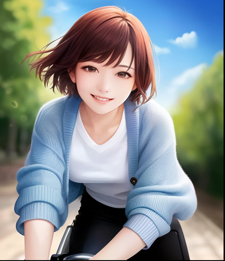 (top-quality、8k、​masterpiece:1.3))、***1人、Beautiful woman with slender abs:1.3、(medium short hair)、cardigan、hyperdetailed face、A detailed eye、二重まぶた、Riding in a red convertible。Hair ruffling pose。