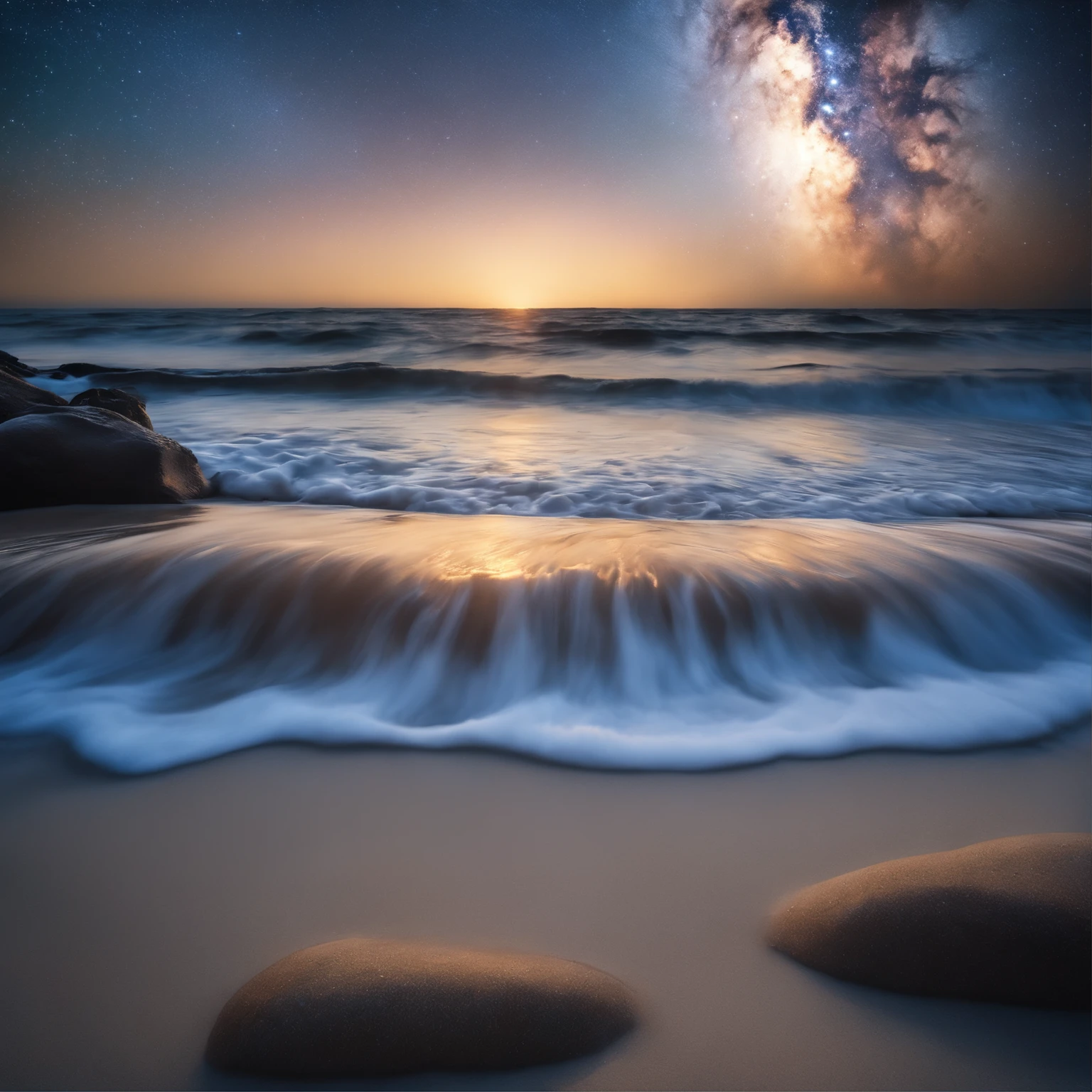 Master Parts、Superior Quality、superior image quality、The 8k quality、Beautiful pictures of the starry sky、magnifica、Arched Milky Way:1.9、Blue Sea:1.9, White sandy beach