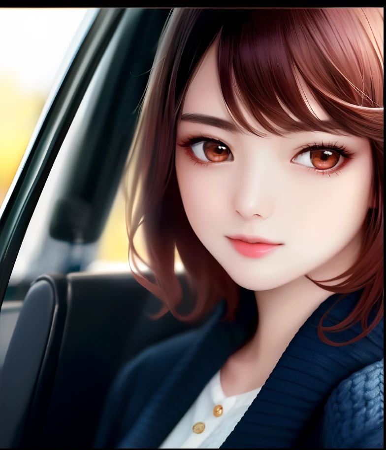 (top-quality、8k、masterpiece:1.3))、1人、Beautiful woman with slender abs:1.3、(medium short hair)、cardigan、hyperdetailed face、A detailed eye、二重まぶた、Riding in a red convertible。Hair ruffling pose。