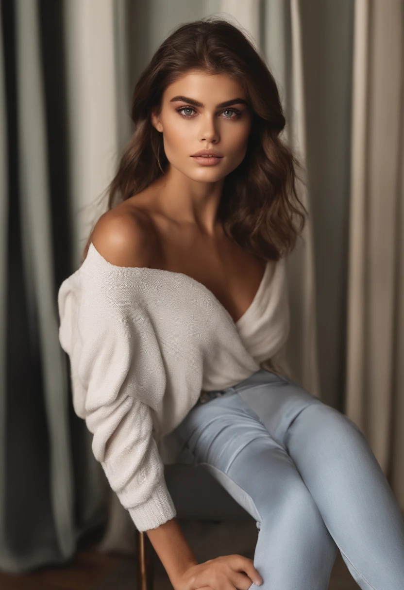 Femme arafed , Kukami garde les cheveux , fille sexy aux yeux bruns, Portrait de Kaia Gerber , cheveux bruns et grands yeux, selfie of a young woman, Yeux de chambre, Violet Myers, pas de maquillage, maquillage naturel, looking straight at camera, Visage avec Artgram, maquillage fin, Superbe plan complet, décolleté, bien en chair, , grosses cuisses , gros seins