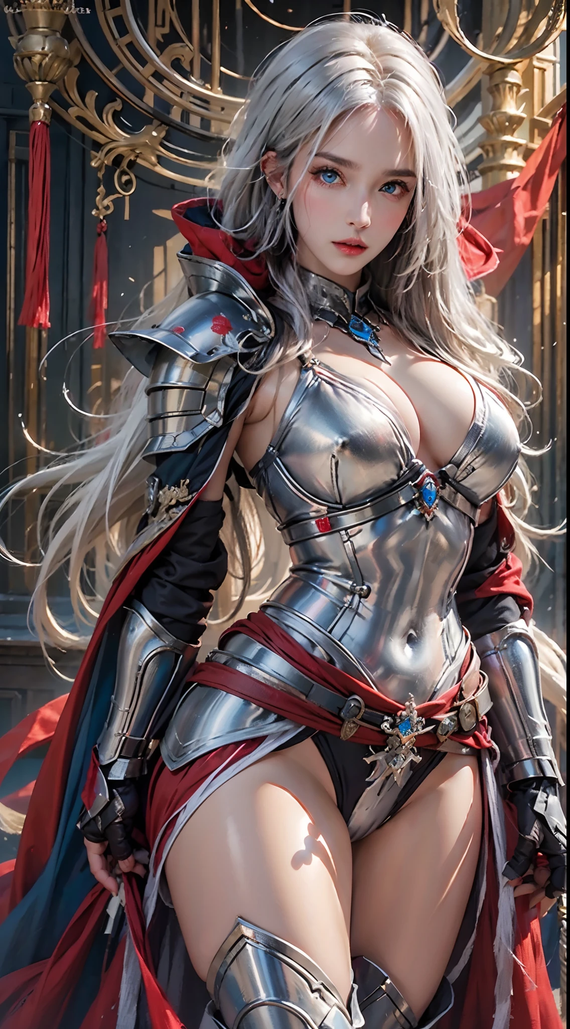 photorealistic, high resolution, soft lights, 1women, solo, hips up, blue eyes, full armor, red armor, cloak