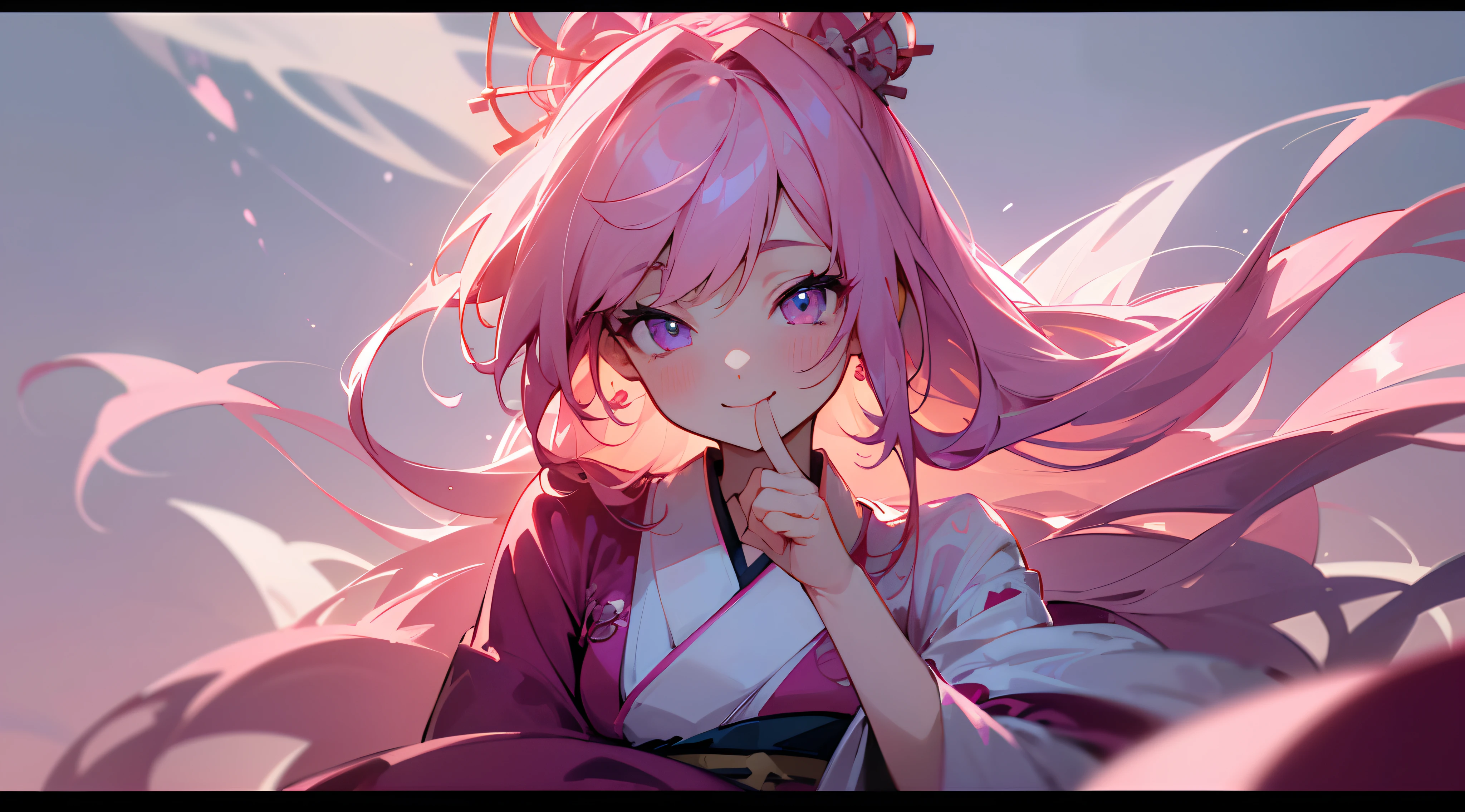 ((4k, Perfect hand, Perfect hair, Perfect Body, Perfect background, Cute face, Perfect Finger, Beautiful eyes, High resolution, High quality, High details, Best wallpaper)), 1 girl, solo, Looking at viewers, Pink hair, Pink eyes, Long hair, Smile face, Blush face, kimono, Beautiful background, Night City In Japan background.