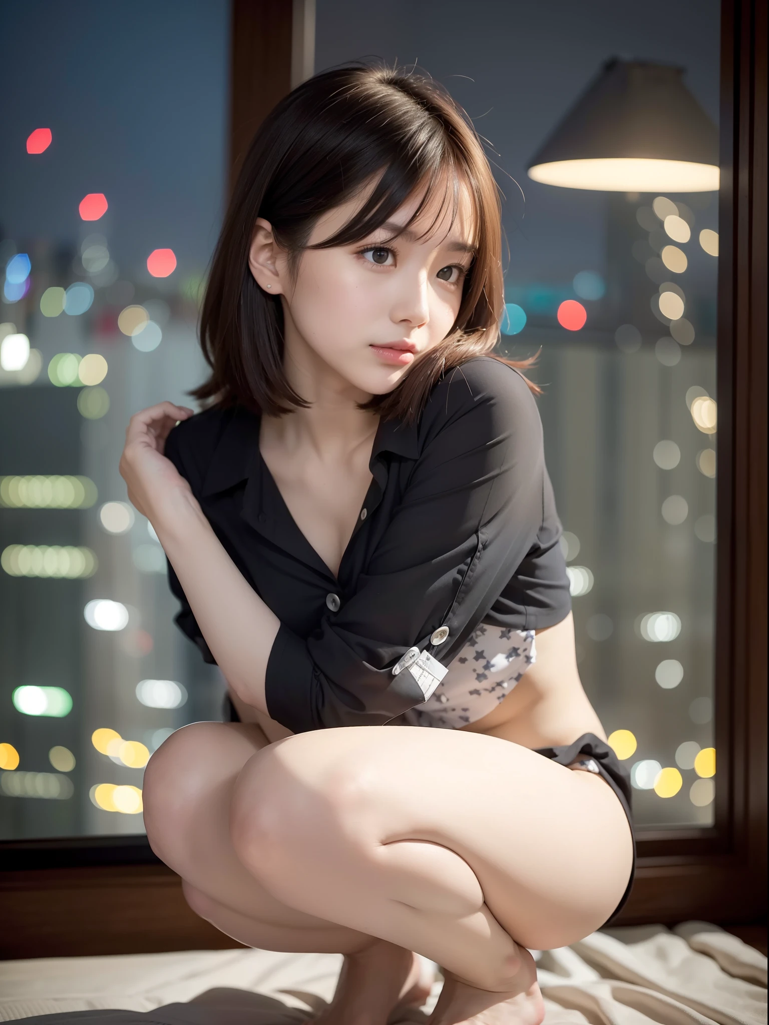 ((of the highest quality, 8K, masutepiece: 1.3, Raw photo)), Sharp Focus: 1.2, (1 AESPA Girl :1.1), Solo, (Realistic, Photorealistic: 1.37), (Face Focus: 1.1), Cute face, hyperdetailed face, (short messy hair: 1.2), Small Smile, Small breasts, flat chest, full nude, squatting, (taking off her chiffon button down black shirt: 1.2), Thigh, looking away, bustling cityscape, towering skyscrapers, starry sky