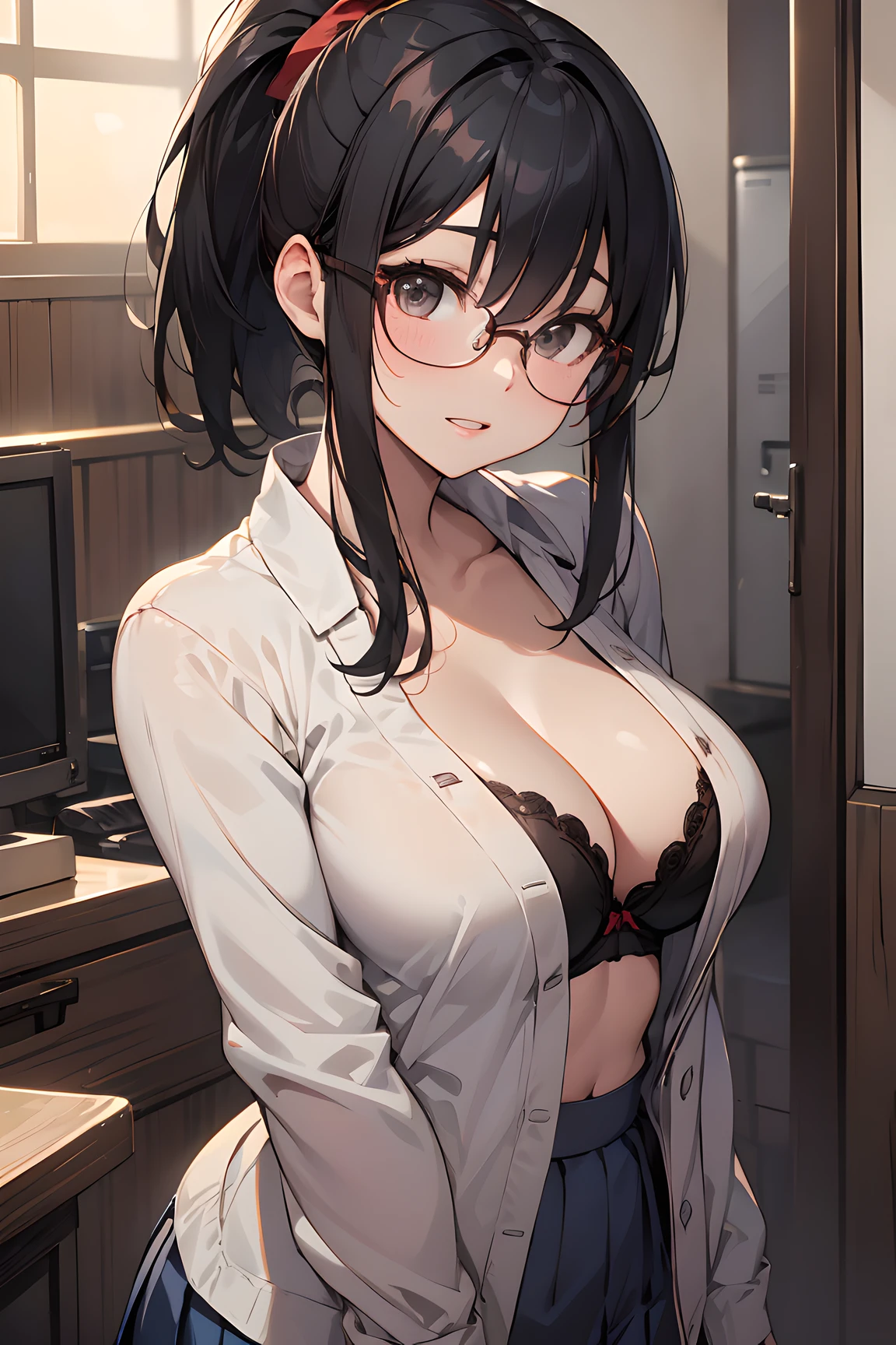 high resolution, Photo of a beautiful woman detailed_face,
young handsome girl,realistic:0.5, perfect skin, (wearing a glasses:1.5), (ultra-detailed background, detailed background), bokeh, make happy expressions, happy emotion, gorgeous,pure, beautyfull detailed face and eyes,breasts,
(black eyes:1.1), (a extremely pretty and beautiful Japanese woman), (sexy girl), (professional attire:1.3), (22 years old: 1.1),
(arms down:1.3),
BREAK
breasts, (dark-blue luxury satin bra:1.2), (beige tight-short-skirt:1.2), Insanely detailed outfit, beautiful detailed skin, (cute:1.2), ((K-pop idol)), (upper thigh:0.6), (depth of field),soft light, Lens Glow
looking at viewer, (Drooping eyes:1.2), straight teeth, smile, floating hair, brown eyes,
BREAK
movie scene, cinematic, full colors, 4k, 8k, 16k, RAW photo, masterpiece, professionally color graded, professional photography,
hair up, consider, soft clean focus, realistic lighting and shading, (an extremely delicate and beautiful art)1.3, elegant,active angle,dynamism pose
BREAK
(ponytail:1.3), (shiny-black thin hair:1.2), bangs, dark brown eyes, beautiful eyes, princess eyes, (big eyes:1.3), bangs, wearing a glasses:1.3, Hair between eyes, short hair:1.3, (slender:1.1), (medium-breasts:0.95), (thin waist: 1.15), (detailed beautiful girl: 1.4), Parted lips, Red lips, full-make-up face, (shiny skin), ((Perfect Female Body)), (upper body image:1.3), Perfect Anatomy, Perfect Proportions, (most beautiful Korean actress face:1.3, extremely cute and beautiful Japanese actress face:1.3), (1glasses girl:1.3, solo), (blush:1.1), gray background, solo focus, (bust shot:1.2),
cinematic light, (nostalgic night scene:1.4), (lockeroom at office:1.4), the vibrant glow of neon lights, (looking at viewer:1.2),