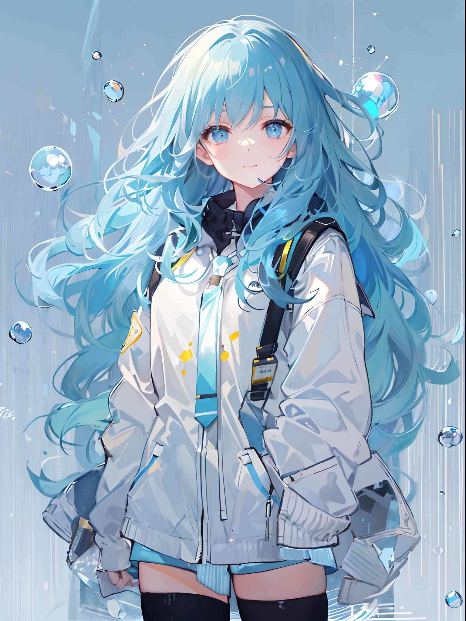 ((top-quality)), ((masterpiece)), ((ultra-detailliert)), (extremely delicate and beautiful), girl with, 独奏, cold attitude,((Black jacket)),She is very(relax)with the(Settled down)Looks,A dark-haired, depth of fields,evil smile,Bubble, under the water, Air bubble,bright light blue eyes,Inner color with light blue hair and light blue tips,Cold background,Bob Hair - Linear Art, shortpants、knee high socks、White uniform like school uniform、Light blue ribbon ties、Clothes are sheer、Hands in pockets、Bright eyes like sapphires,flourescent blue, There was a little blue light floating around、Upper eyes、