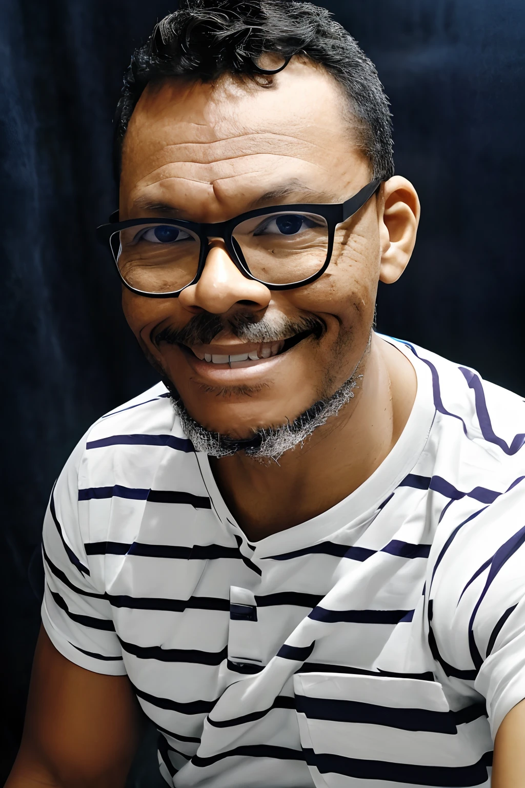 guttonerdvision10, Create a 3x4 document-style photograph. Portrait from the chest up of a man wearing glasses, with a subtle smile, body and gaze facing the camera, wearing a horizontally striped T-shirt with all 7 colors, very colorful. Black background, and since it's a studio photograph, utilize all appropriate lighting resources. 8K resolution.