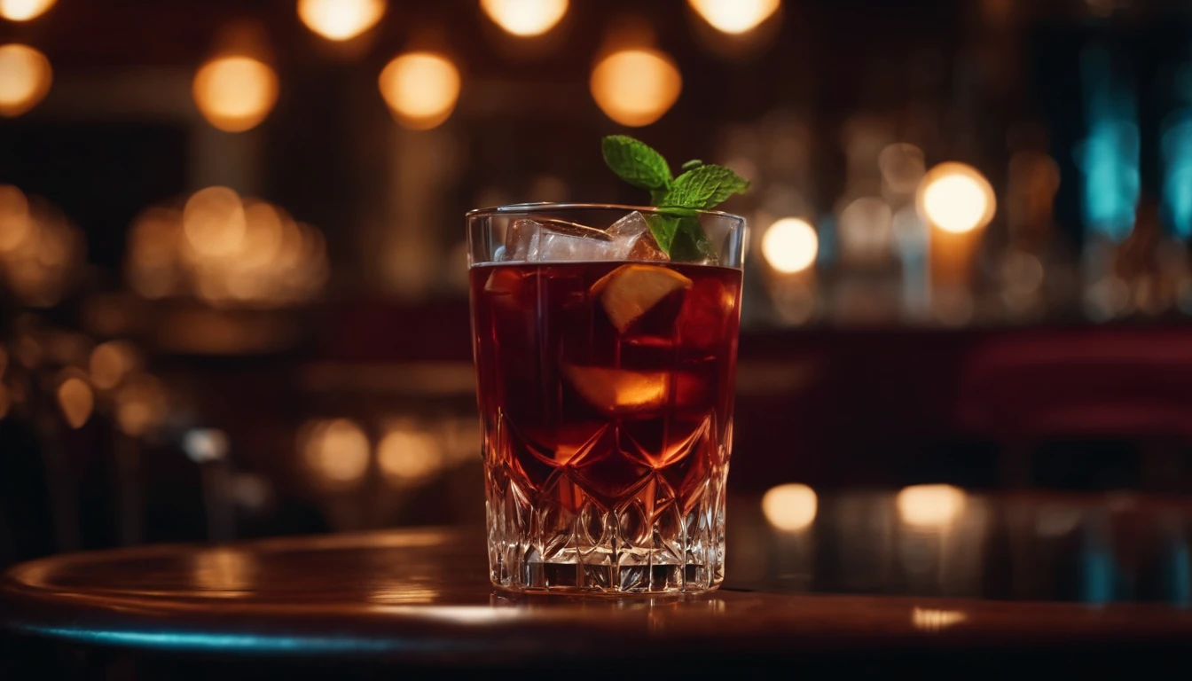 a drink at a table in classic vintage restaurant very elegant jazz style 8k cinematic neon lights in the background