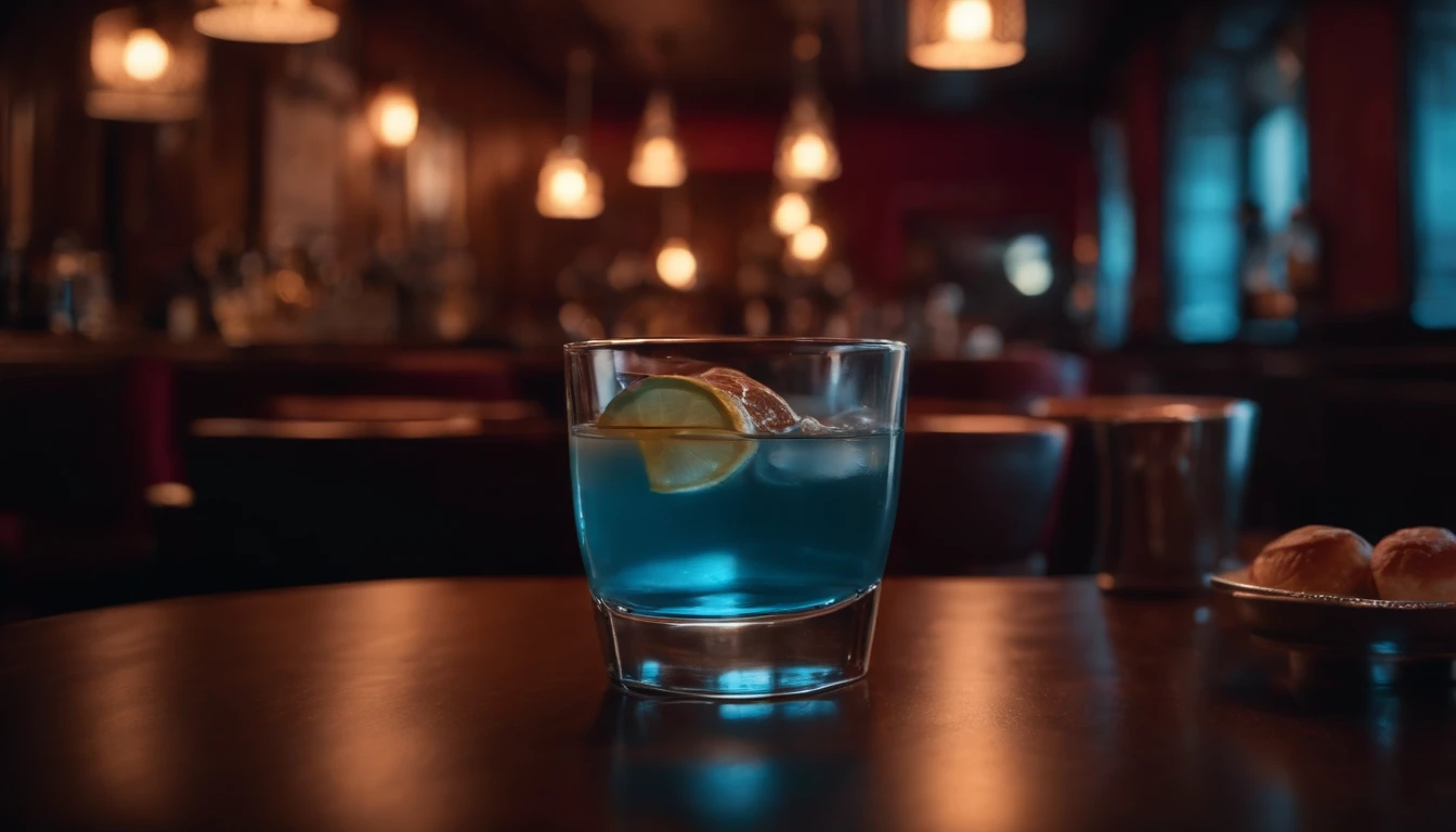 a drink at a table in classic vintage restaurant very elegant jazz style 8k cinematic neon lights in the background