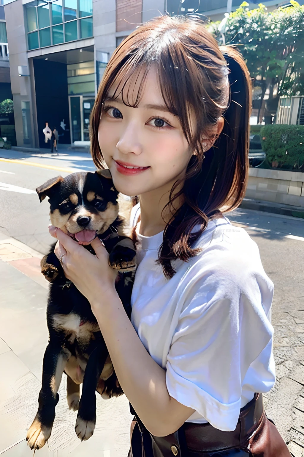 Flowing with crystal clear water,beautiful mountain in background々,(Girl taking a walk with a puppy:1.3),(Shiba dog:1.3),Have a lead,Very Big White T-Shirt,Cargo pants, gently smiling、(beautiful a girl)、(short hair of red-brown color、hair pin、poneyTail、Floating hair、)Colossal tits、A smile that beguiles the viewer、Look into the photographer、skin glistening with sweat、gazing at viewer,pointed red mouth,Perfect round face,,Proper body proportion,Intricate details,Very delicate and beautiful hair,photos realistic,Dreamy,Professional Lighting,realistic shadow,Beautiful hands,Beautiful fingers,Detailed finger features,Detailed arm functions,detailed clothes features,Detailed hair features,detailed facial features,(masutepiece,top-quality,Ultra-high resolution output image,) ,(The 8k quality,),(Image Mode Ultra HD,)