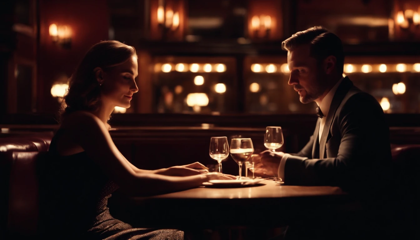 a couple at a table in classic vintage restaurant very elegant jazz style 8k cinematic neon lights in the background
