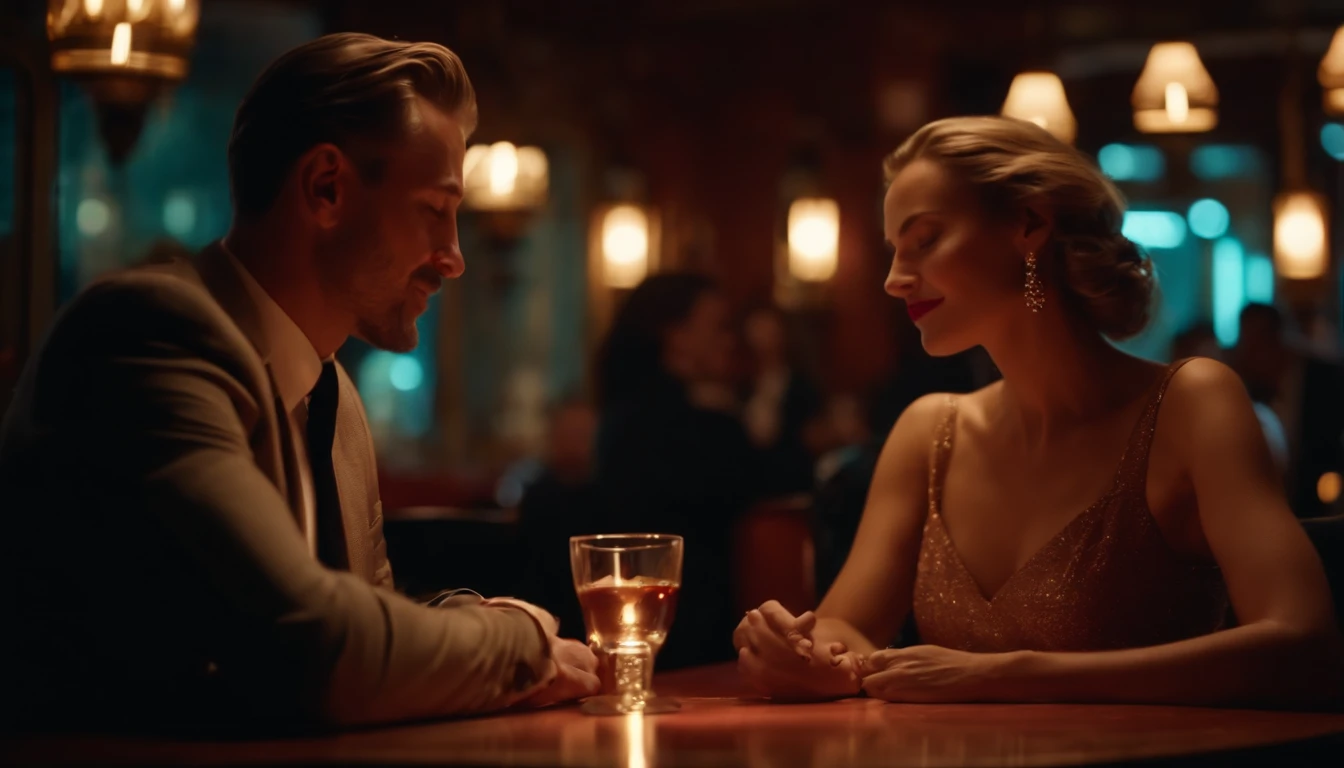 a couple at a table in classic vintage restaurant very elegant jazz style 8k cinematic neon lights in the background