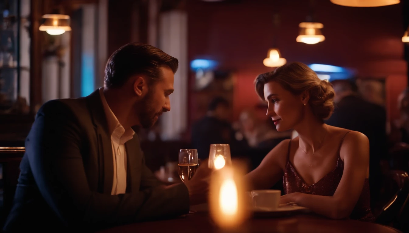 realistic image of "An attractive man in his 40s, with short, gray hair, He approaches a woman at the bar. He wears a white shirt and a casual suit., with a charismatic smile on his face. His expression is confident and friendly, while leaning slightly towards her, starting a conversation. The woman looks at him in surprise., but also with a slight smile, intrigued by his presence."