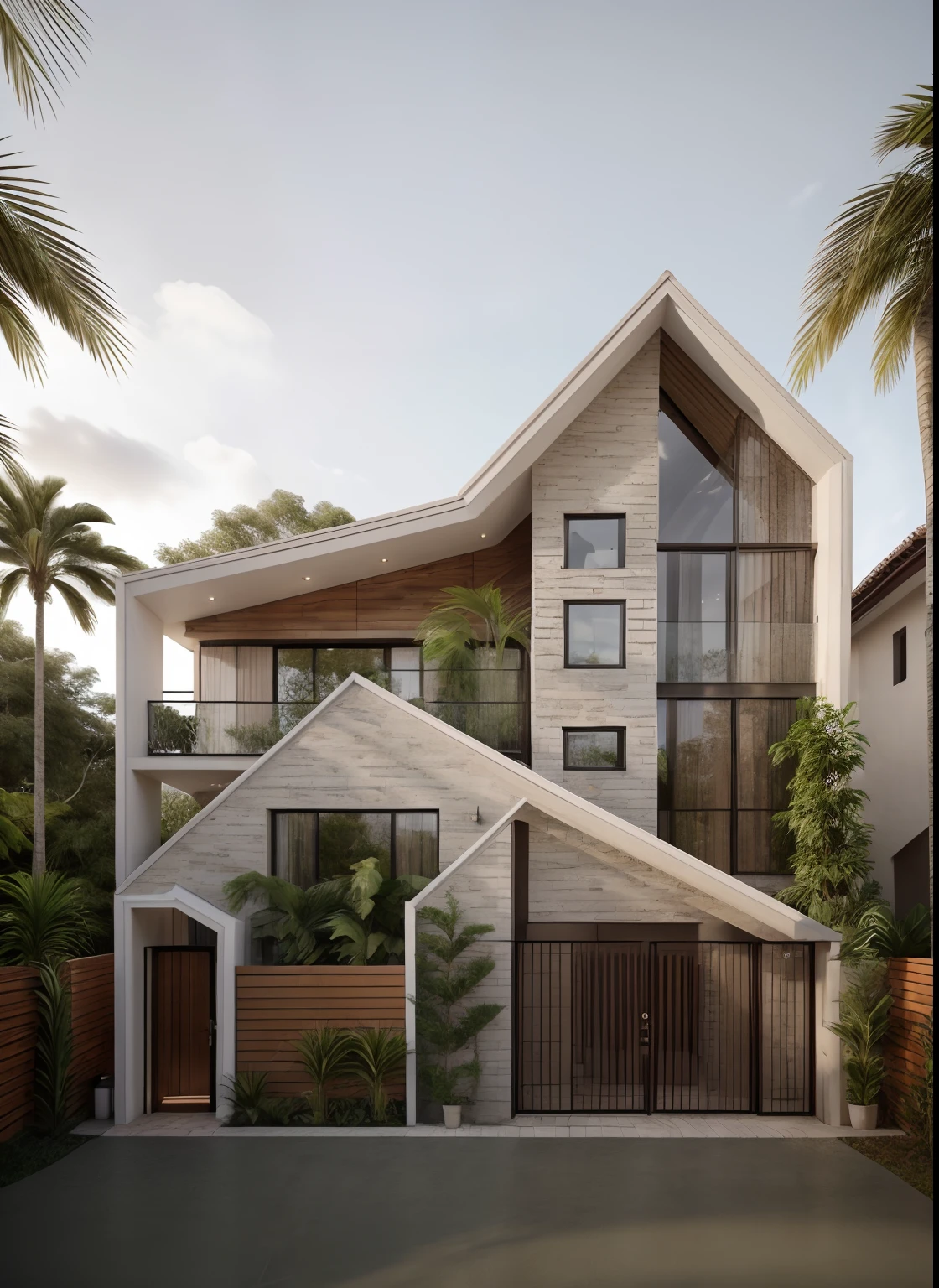 RAW photo,Masterpiece, high quality, best quality, realistic, super detailed,
(exterior: 1.1), modern garden house, material between (brick:1.1) and Terracotta wall, arched door wooden , empty cell wall, beautiful landscape design, wide road in front of the house, (tropical trees), blue sky, soft daylight lightweight,
(high detail: 1.2) ), 8k uhd, high quality