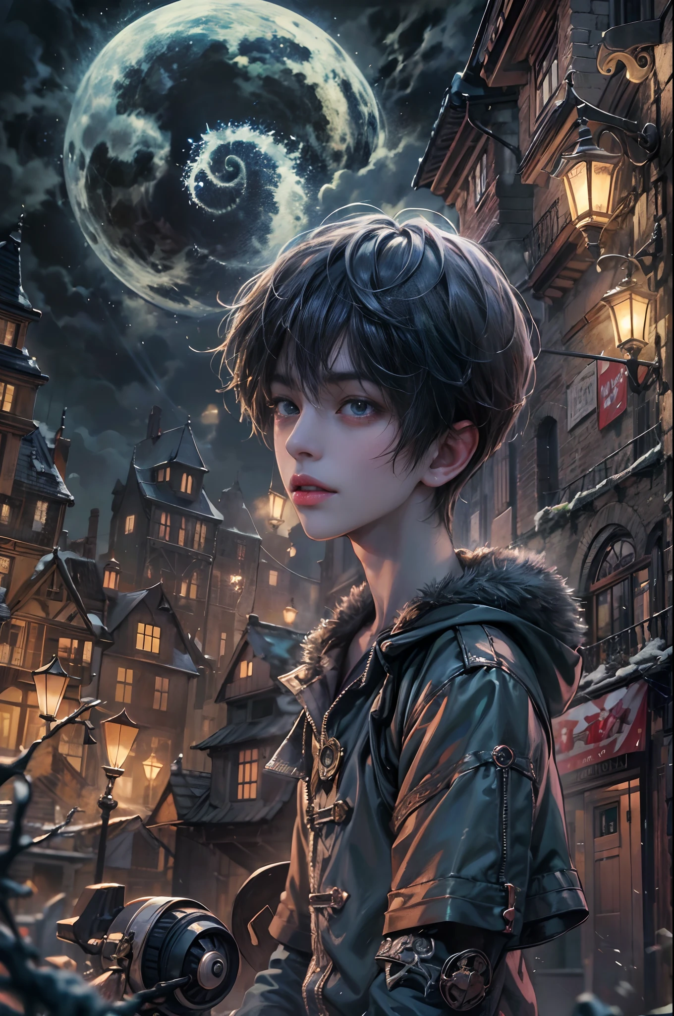 (absurdres, highres, ultra detailed, HDR), masterpiece, best quality, 1 boy, handsome boy, cool hero, big anime eyes, young boy, detailed scenery, detailed character, nightmare before Christmas theme, art kenouji