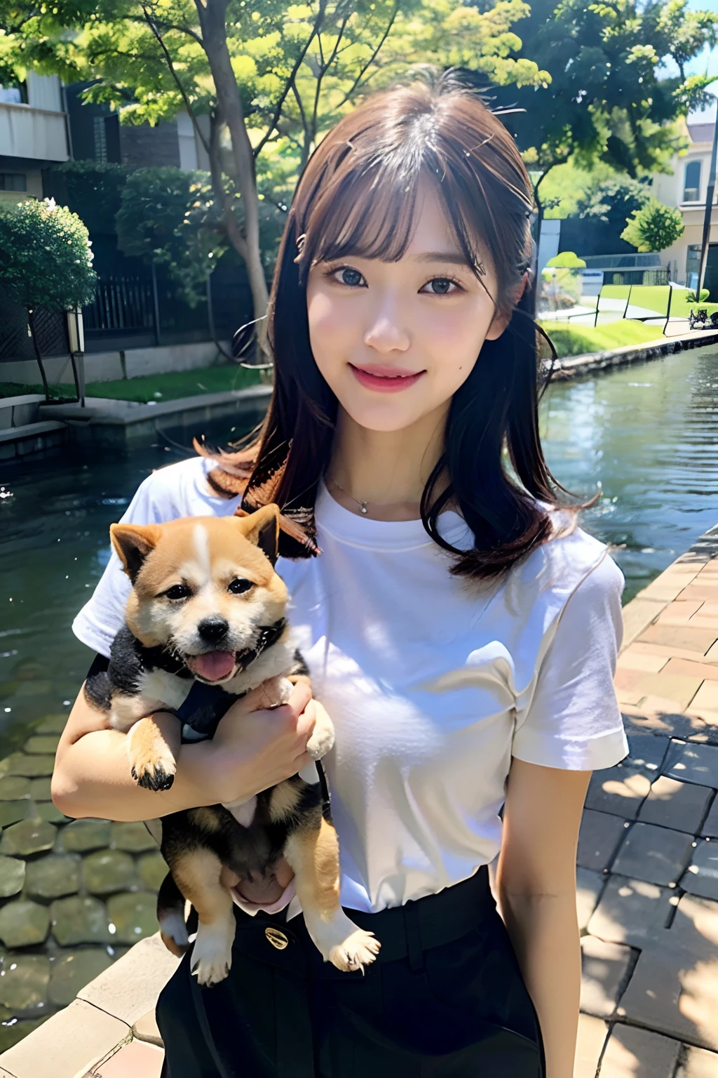 Flowing with crystal clear water,beautiful mountain in background々,(Girl taking a walk with a puppy:1.3),(Shiba dog:1.3),Have a lead,Very Big White T-Shirt,Cargo pants, gently smiling、(beautiful a girl)、(short hair of red-brown color、hair pin、poneyTail、Floating hair、)Colossal tits、A smile that beguiles the viewer、Look into the photographer、skin glistening with sweat、gazing at viewer,pointed red mouth,Perfect round face,,Proper body proportion,Intricate details,Very delicate and beautiful hair,photos realistic,Dreamy,Professional Lighting,realistic shadow,Beautiful hands,Beautiful fingers,Detailed finger features,Detailed arm functions,detailed clothes features,Detailed hair features,detailed facial features,(masutepiece,top-quality,Ultra-high resolution output image,) ,(The 8k quality,),(Image Mode Ultra HD,)