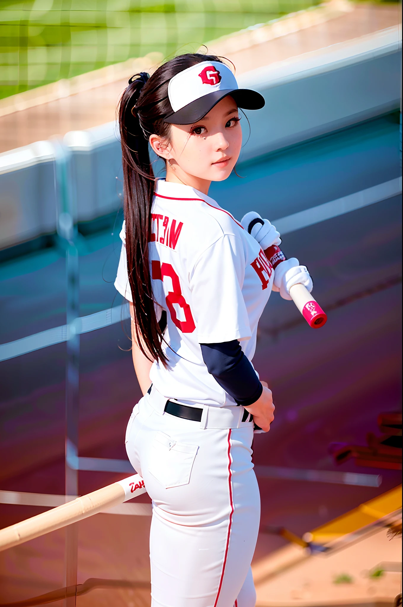 ((White cotton baseball uniform)),((White cotton baseball uniform)),((White cotton baseball uniform)),((White baseball uniform)),((Tight baseball uniforms)),(((ssmile:1.0, laughingly:1.0 ))), 1girll, Solo, Makeup, A high resolution, huge tit:1.4, looking at viewert, ssmile, black ponytail, 鎖骨, long whitr hair, ,Than heart，lips parted, 黑The eye, taihou\(azur lane\), pony tails,Baseball uniforms，Baseball bat in hand，Hitting action，perfect body figure，（shiny skins），In the daytime，detailedbackground，Baseball arena，sfw：1.8，