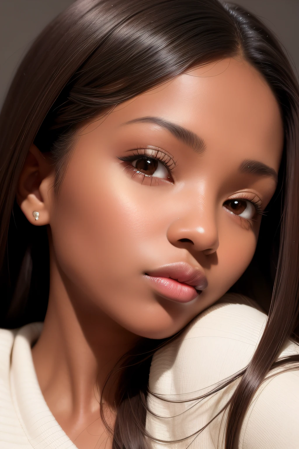 best quality, masterpiece, (realistic:1.2), 1 dark cocoa brown skin black girl, long black hair side part, brown eyes, Front facing camera, detailed face, soft lighting, detailed hair and lighting, beautiful eyes, two toned lips