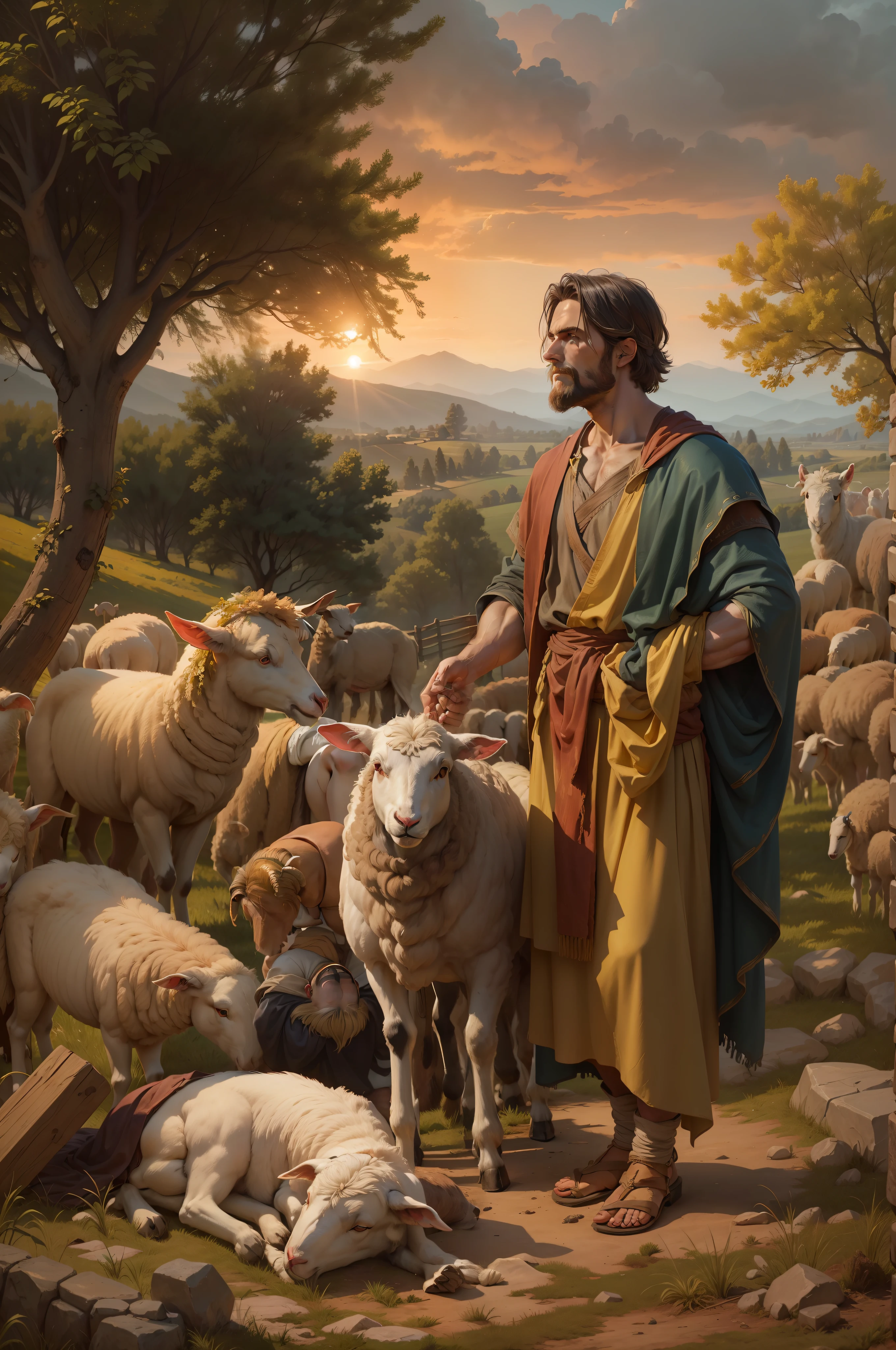 A hyper-realistic painting depicting the Biblical scene of Cain and Abel from Genesis 4:3-5. Cain and Abel stand in an open field with some trees in the background. Cain, wearing simple farmer's clothes, holds a bundle of grains in his hands to offer in sacrifice to God, with a hopeful expression on his face. Beside him, Abel, wearing shepherd's skins, gently kneels holding a lamb, ready to sacrifice it. His expression is serene and reverent. Between them, a flat stone altar awaits the offerings. In the background, the setting sun creates a golden light over the scene, emphasizing the importance of this moment in Biblical history.
