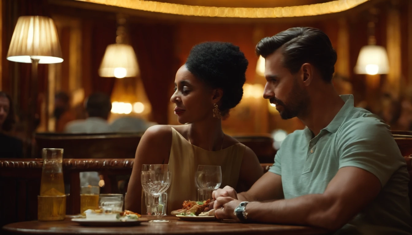 a couple at a table in classic vintage restaurant very elegant jazz style 8k cinematic neon lights in the background