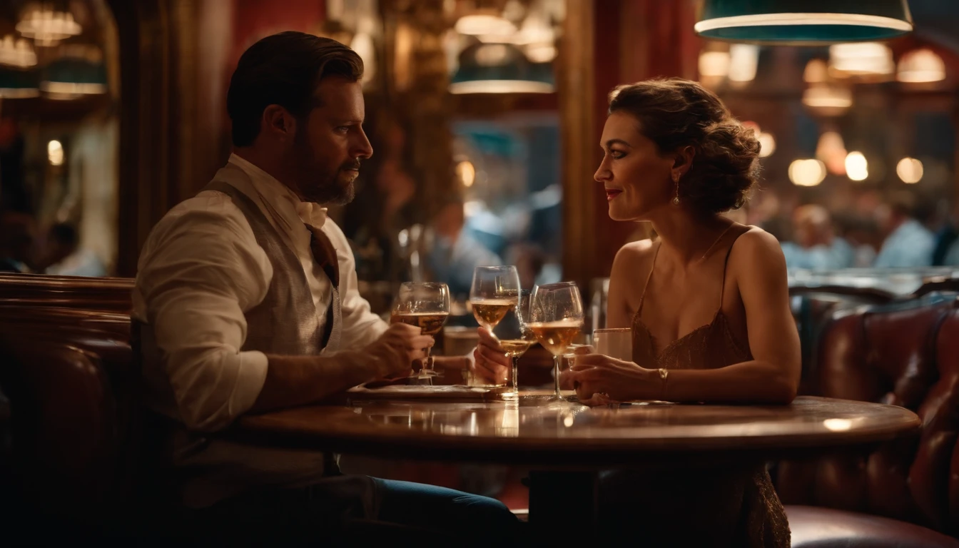 a couple at a table in classic vintage restaurant very elegant jazz style 8k cinematic neon lights in the background