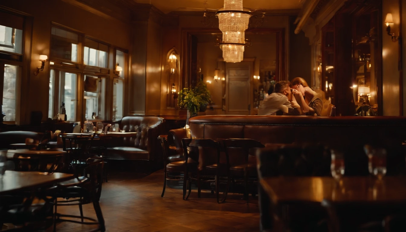 a couple at a table in classic vintage restaurant very elegant jazz style 8k cinematic neon lights in the background