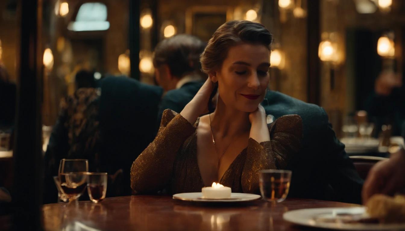 a couple at a table in classic vintage restaurant very elegant jazz style 8k cinematic neon lights in the background