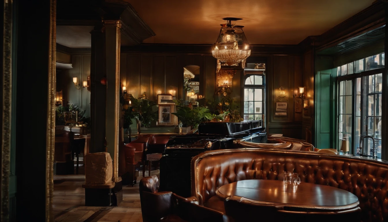 a couple at a table in classic vintage restaurant very elegant jazz style 8k cinematic neon lights in the background