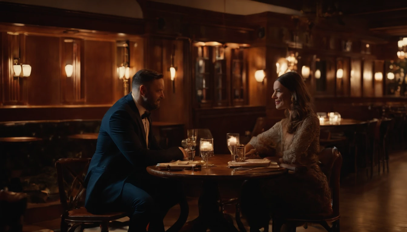 a couple at a table in classic vintage restaurant very elegant jazz style 8k cinematic neon lights in the background