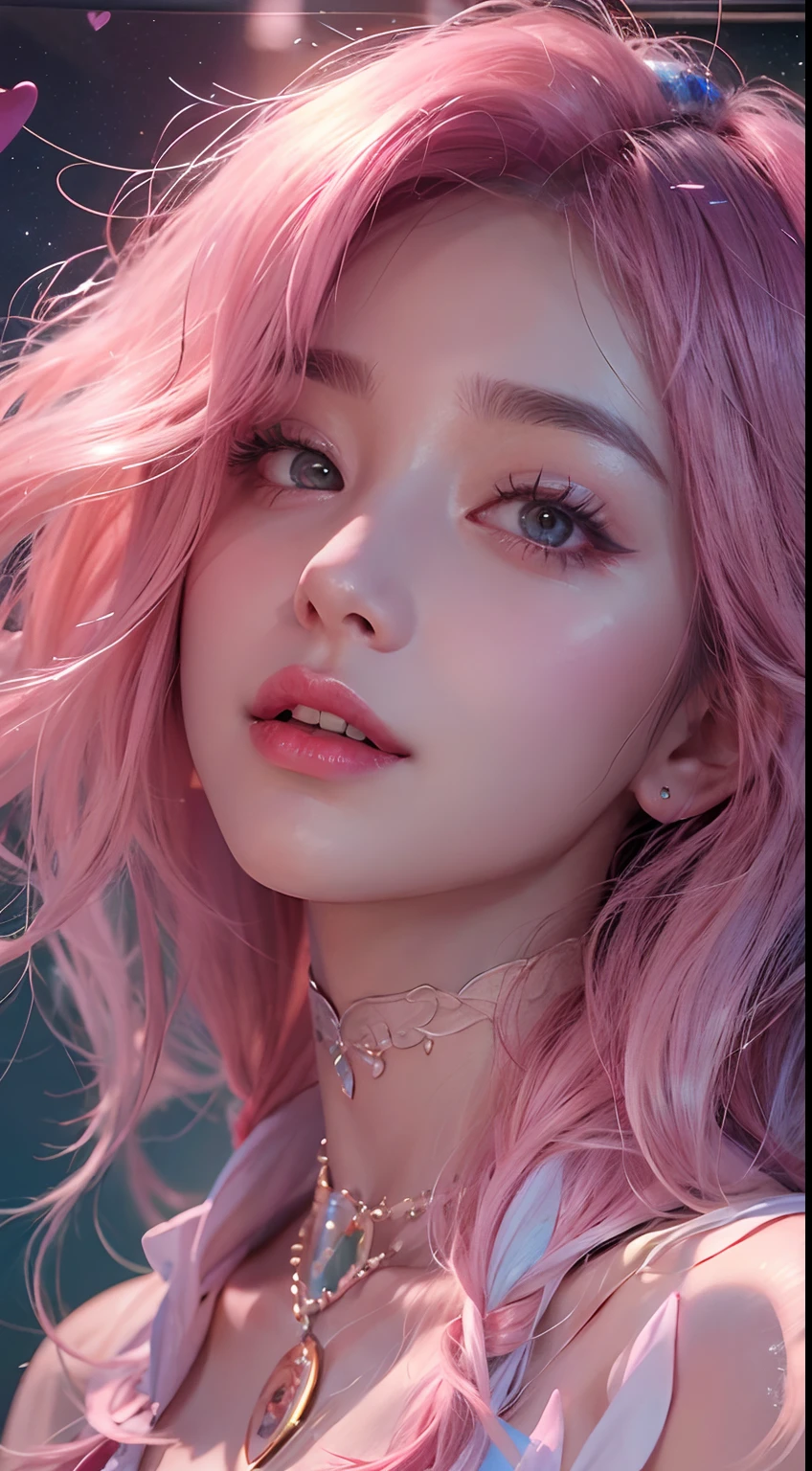 1girll,（Captivating quality：1.4），（True textured skins of the highest quality), Delicate face,Pink twin-tailed hair, Gradient Hair, （perfect bodies：1.1），Heart-shaped choker、long eyelasher,grin, hyperphotorealism, Cinematic lighting, projected inset, surrealism, hyper HD, masutepiece，Dream On，Please wear clear silk pajamas,Carmelto，tattooed，Fantasy space，Luxurious space