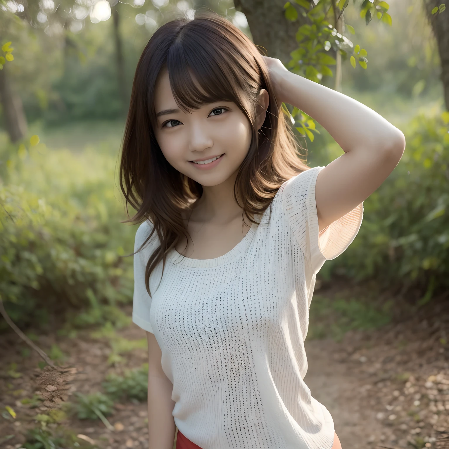 Women in Japan、Wear a thin shirt,In the forest,bare-legged,posing in the。 Happy smile、One lady、An 18-year-old woman
((top-quality、8K、masterpiece:1.3))、foco nítido:1.2、Highly detailed facial and skin texture、 A detailed eye、二重まぶた、tshirts、a miniskirt、Warm colors、Happy smile、Orange sunset