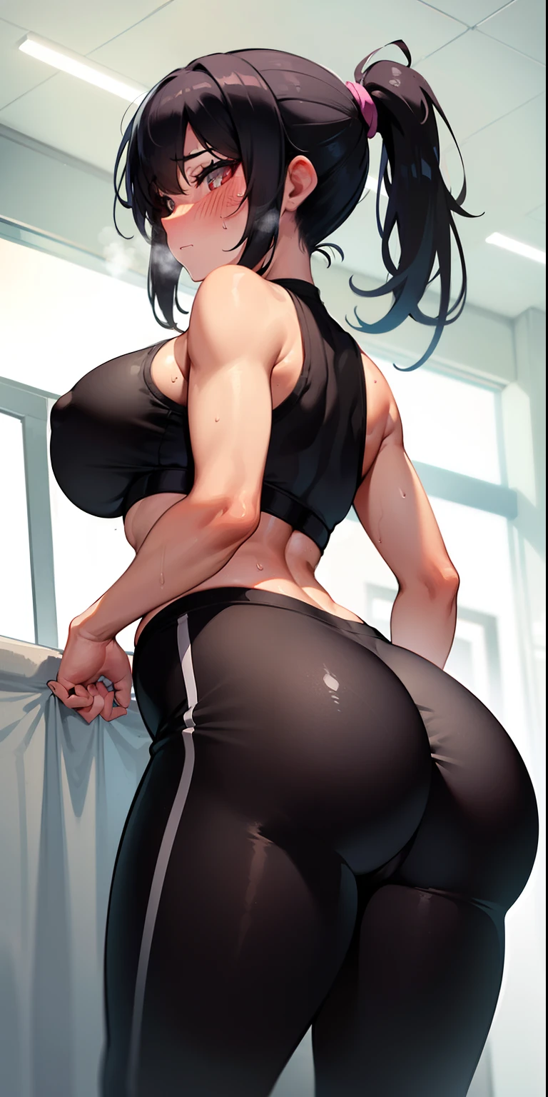 gym, workout, hot, sweating, sweaty, tan, big boobs, tan skin, flustered, blush, black clothes, see thru, yoga pants, low angle, (from below), looking at viewer, cowboy shot, ass, booty, big ass, black hair, ponytail, one girl, yoga pants