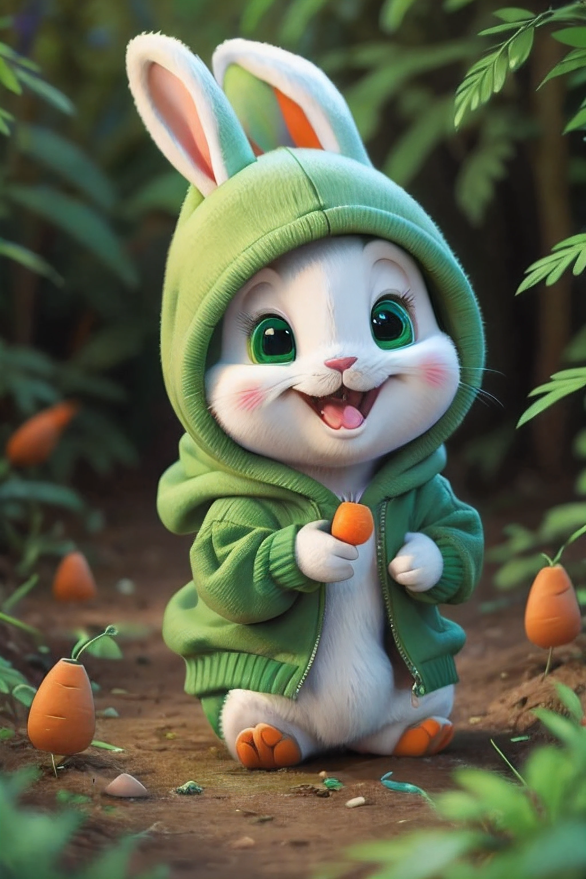 little cute milo bunny wearing a green hoodie mouth open about to bite a carrot, cartoon character, bright lighting, vivid colors, in the forest, disney and pixar style, tilted head showing curiosity,