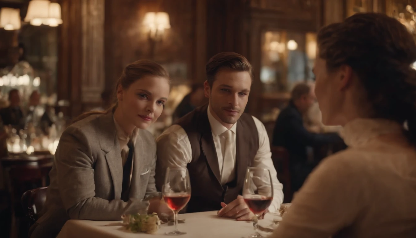 a couple at a table in classic vintage restaurant very elegant jazz style 8k cinematic neon lights in the background