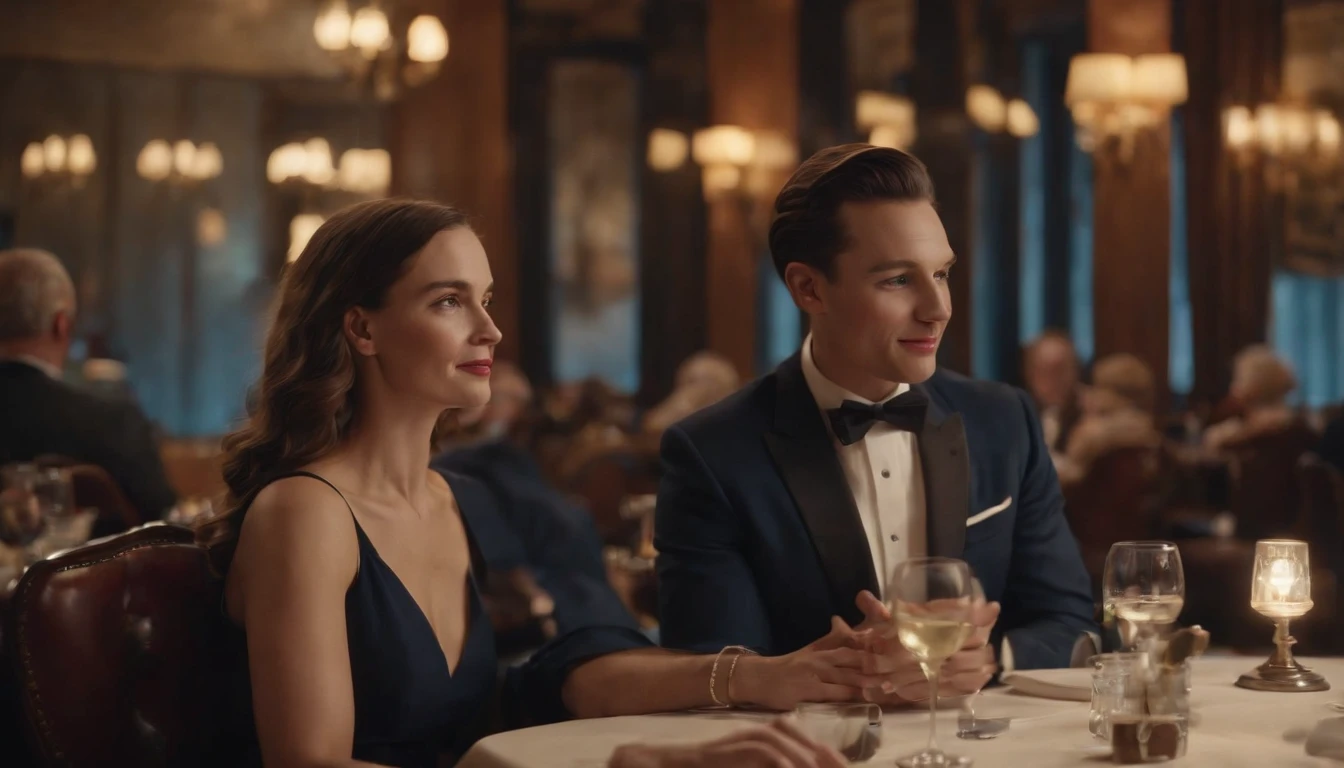 a couple at a table in classic vintage restaurant very elegant jazz style 8k cinematic neon lights in the background