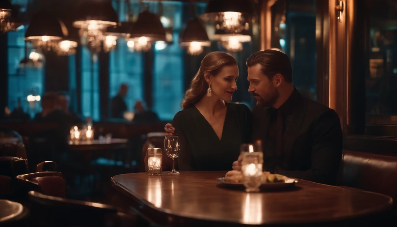 a couple at a table in classic vintage restaurant very elegant jazz style 8k cinematic neon lights in the background