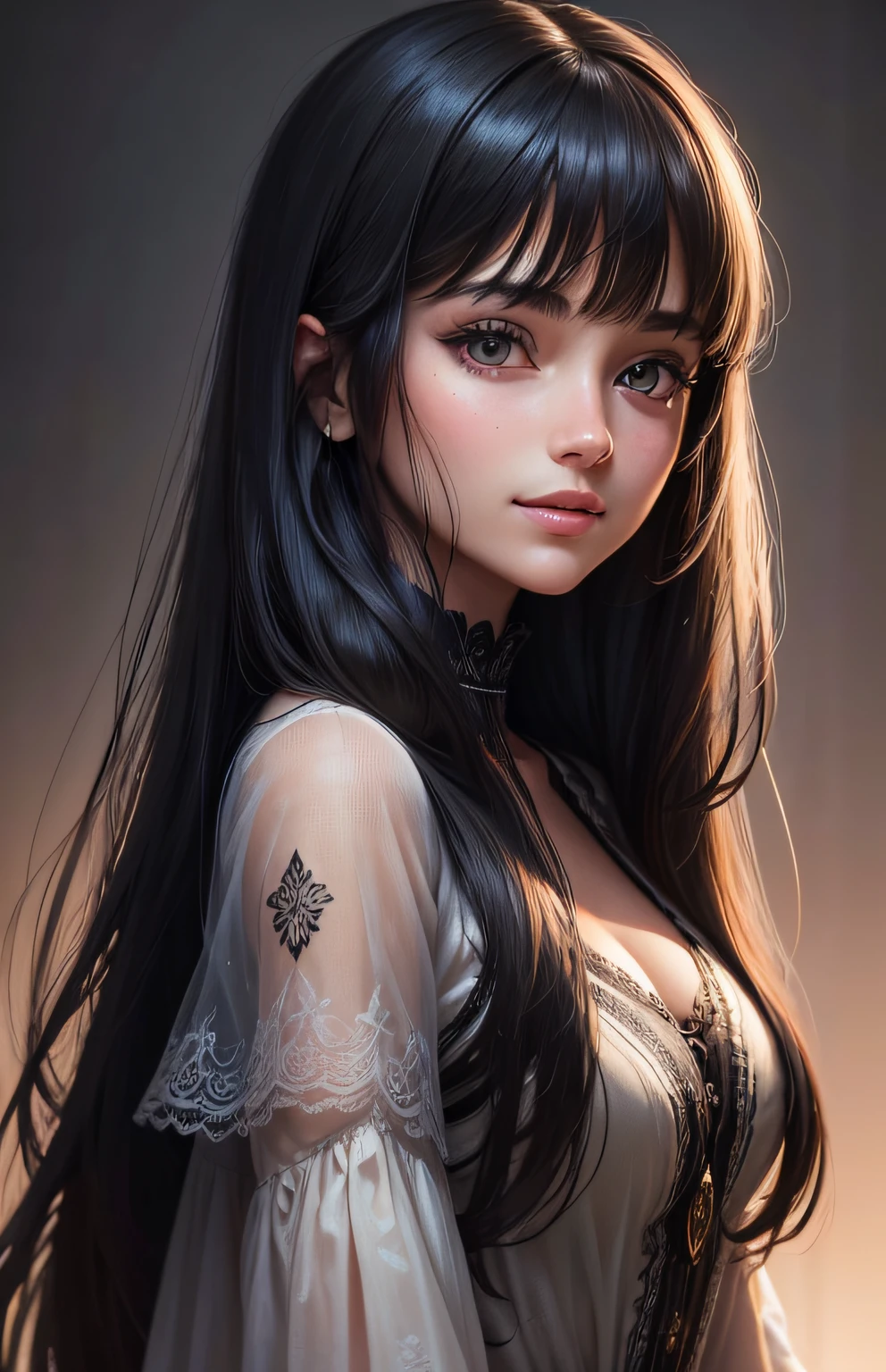 (Ultra Realistic), (Illustration), (High Resolution), (8K), (Very Detailed), (Best Illustration), (Beautiful and Detailed Eyes), (Best Quality), (Ultra Detailed), (Masterpiece), (Wallpaper), (Detailed Face), Solo, One Girl, Viewer, Fine Detail, Detailed Face, In the Dark, Deep Shadows, Low Key, pureerosfaceace_v1, Smile, Long Hair, black shawl straight hair, 46-point diagonal bangs, --auto